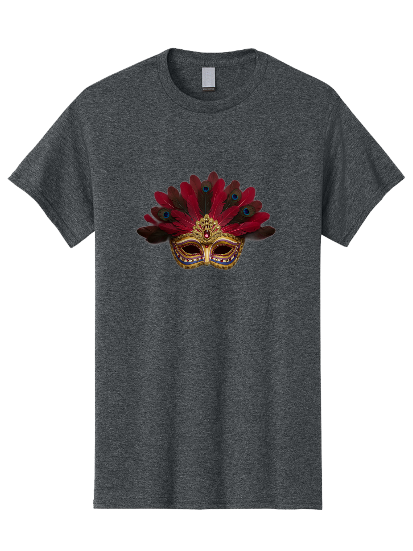Gold-Venetian-Mask Men'S Graphic Tee, 100% Cotton, Comfortable Casual Summer Wear, Machine Washable, Venetian Mask, Gold Masquerade, Red Feathers, Peacock Feathers, Mardi Gras, Carnival, Jewels, Gems, Luxury, Elegance, Sophisticated, Bad157
