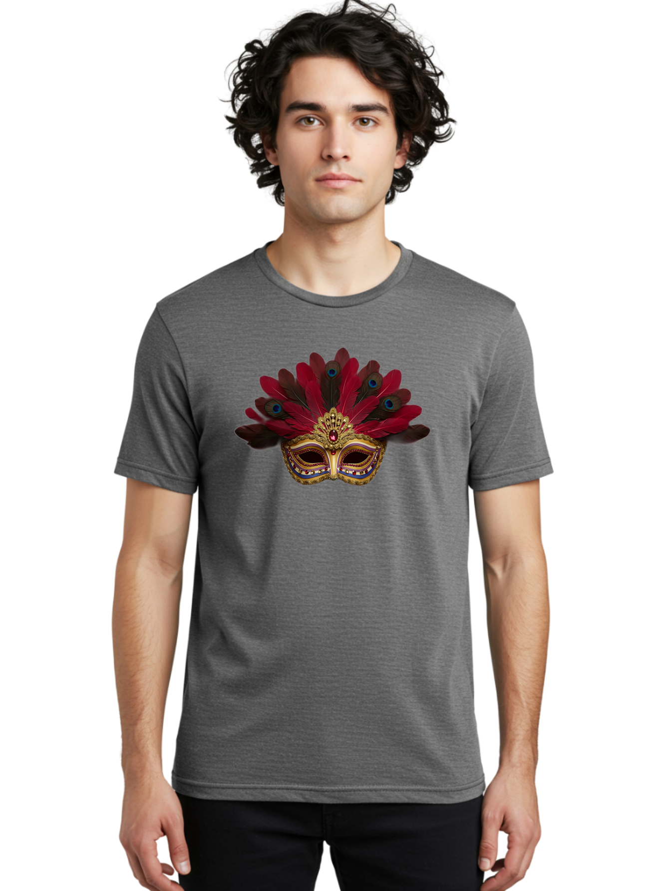 Gold-Venetian-Mask Men'S Graphic Tee, 100% Cotton, Comfortable Casual Summer Wear, Machine Washable, Venetian Mask, Gold Masquerade, Red Feathers, Peacock Feathers, Mardi Gras, Carnival, Jewels, Gems, Luxury, Elegance, Sophisticated, Bad157