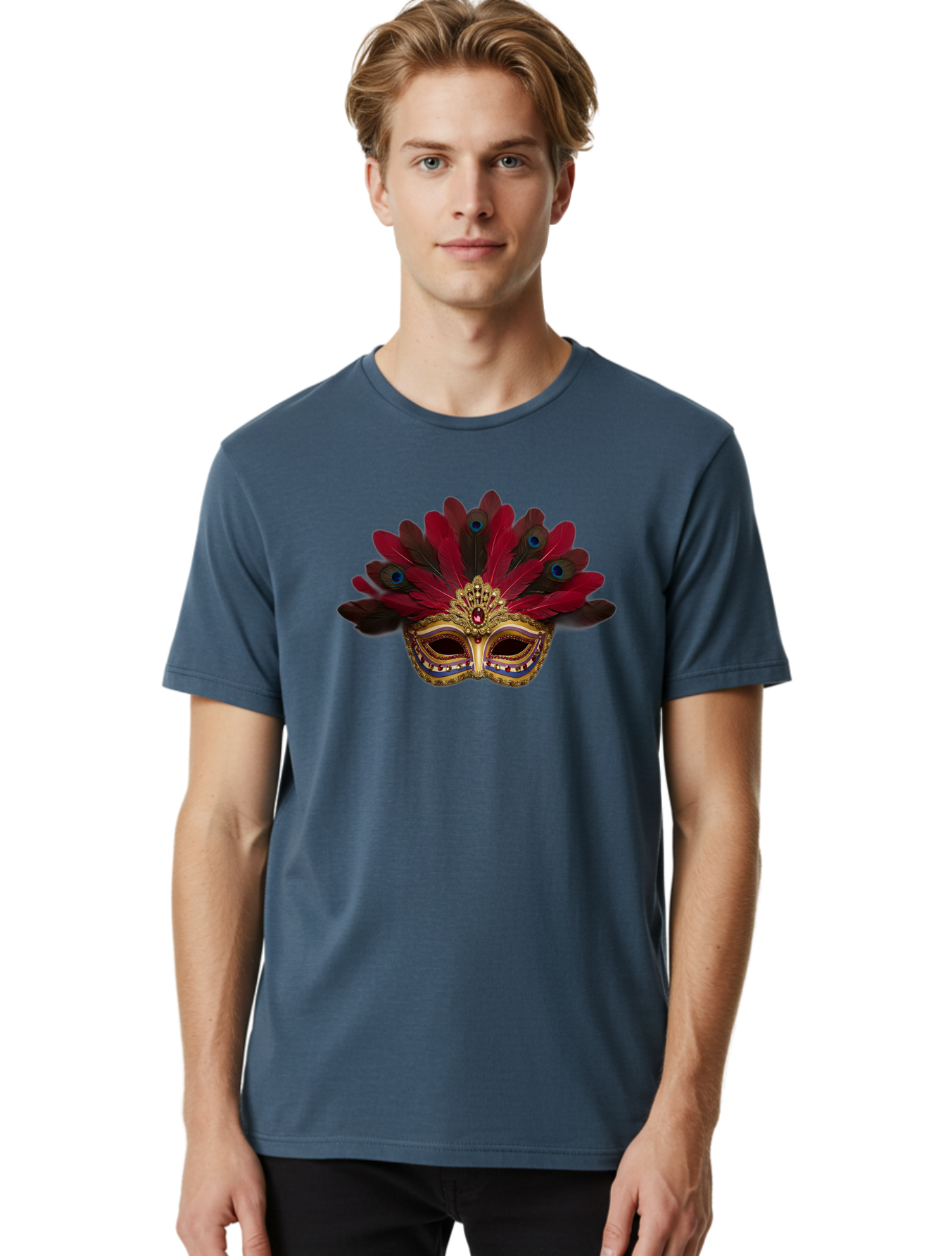 Gold-Venetian-Mask Men'S Graphic Tee, 100% Cotton, Comfortable Casual Summer Wear, Machine Washable, Venetian Mask, Gold Masquerade, Red Feathers, Peacock Feathers, Mardi Gras, Carnival, Jewels, Gems, Luxury, Elegance, Sophisticated, Bad157