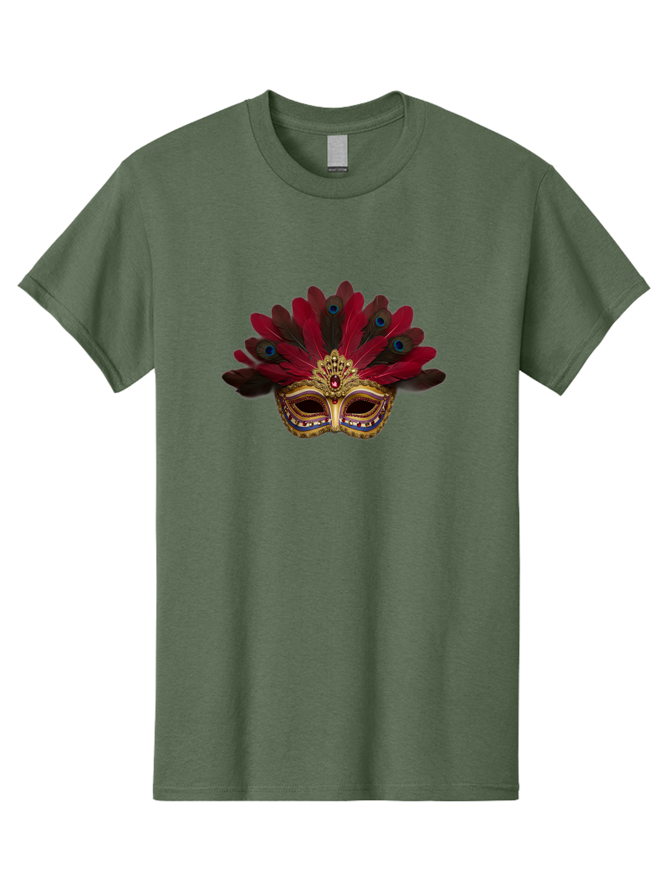 Gold-Venetian-Mask Men'S Graphic Tee, 100% Cotton, Comfortable Casual Summer Wear, Machine Washable, Venetian Mask, Gold Masquerade, Red Feathers, Peacock Feathers, Mardi Gras, Carnival, Jewels, Gems, Luxury, Elegance, Sophisticated, Bad157