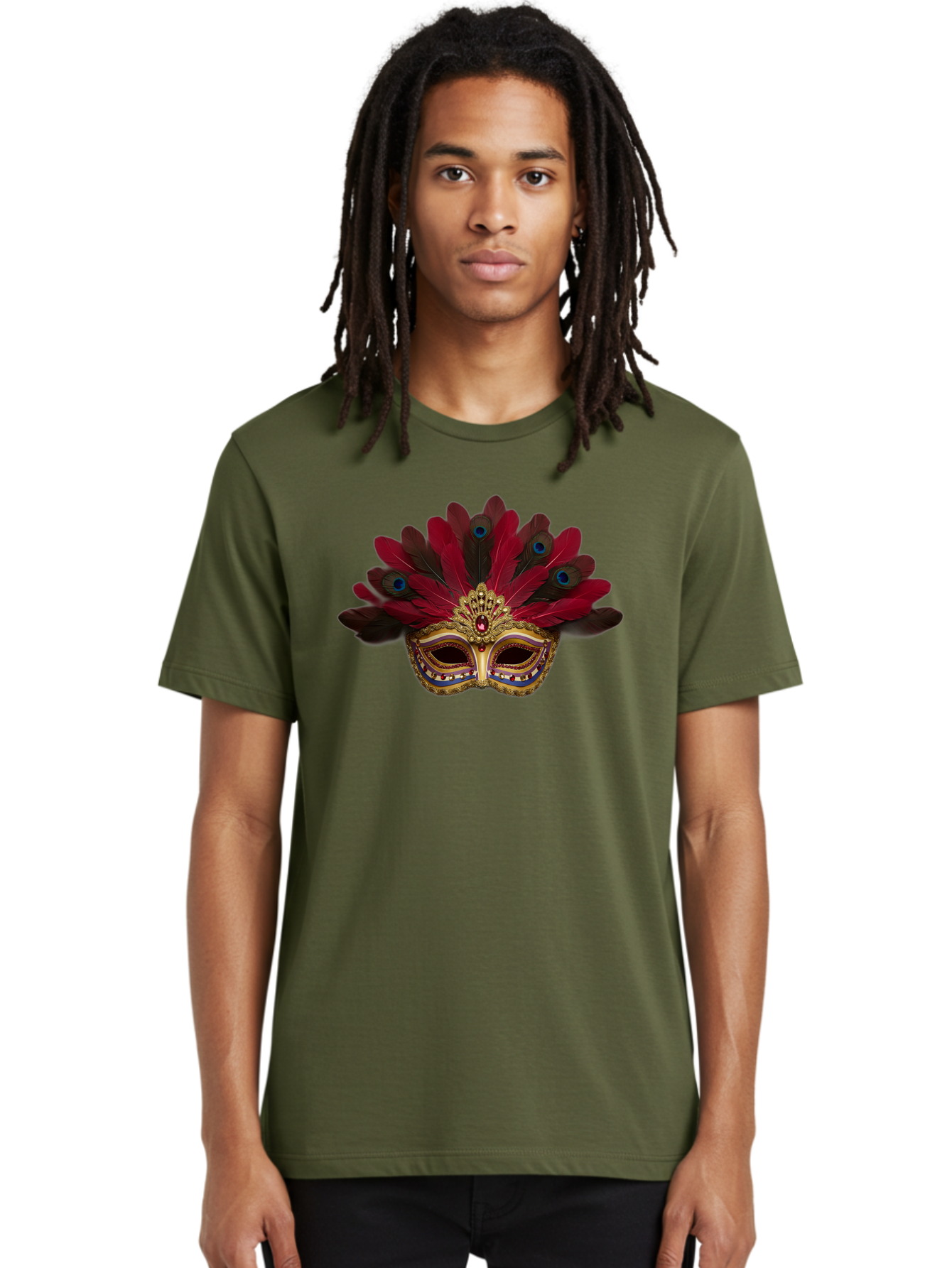Gold-Venetian-Mask Men'S Graphic Tee, 100% Cotton, Comfortable Casual Summer Wear, Machine Washable, Venetian Mask, Gold Masquerade, Red Feathers, Peacock Feathers, Mardi Gras, Carnival, Jewels, Gems, Luxury, Elegance, Sophisticated, Bad157