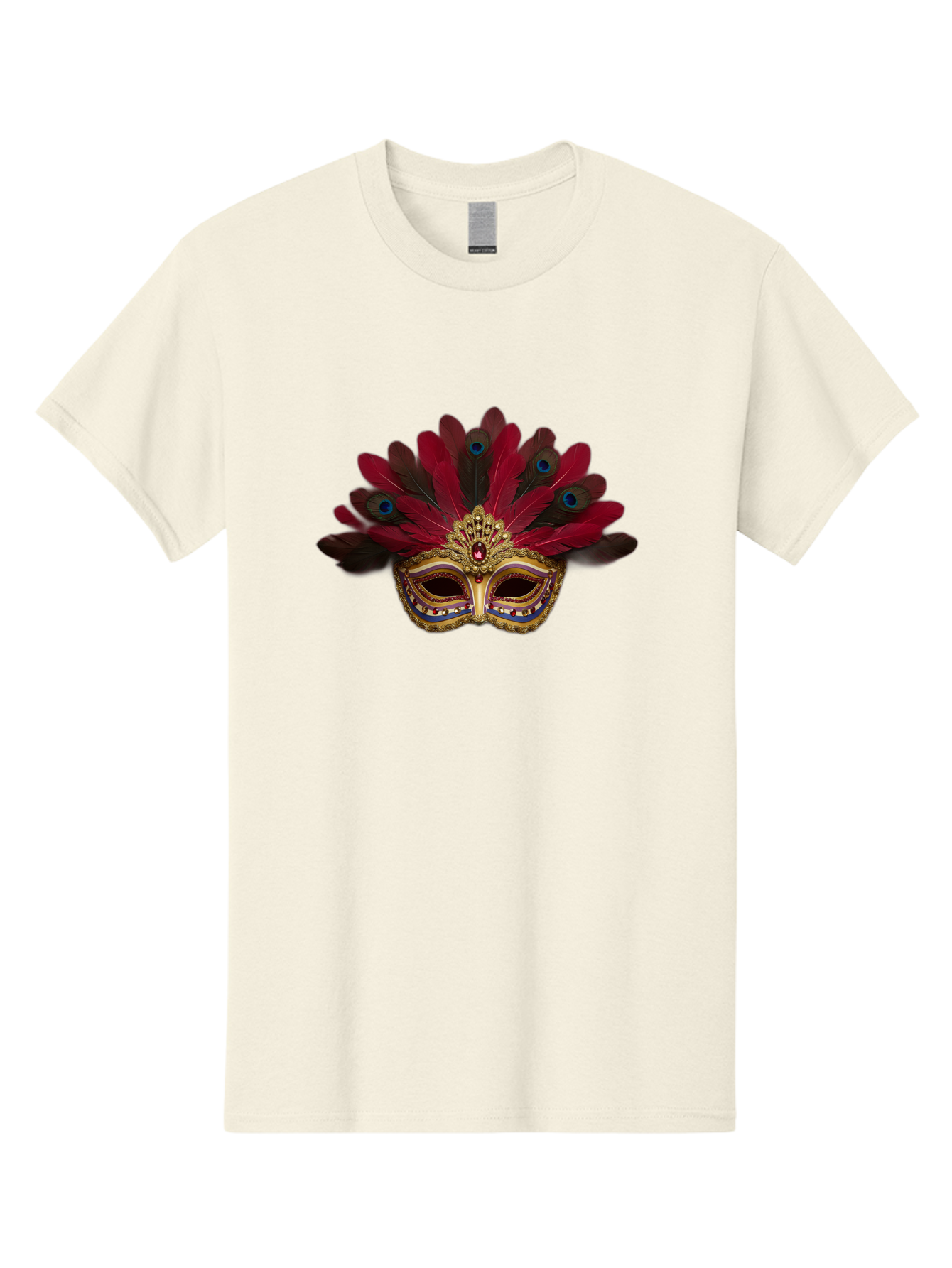 Gold-Venetian-Mask Men'S Graphic Tee, 100% Cotton, Comfortable Casual Summer Wear, Machine Washable, Venetian Mask, Gold Masquerade, Red Feathers, Peacock Feathers, Mardi Gras, Carnival, Jewels, Gems, Luxury, Elegance, Sophisticated, Bad157