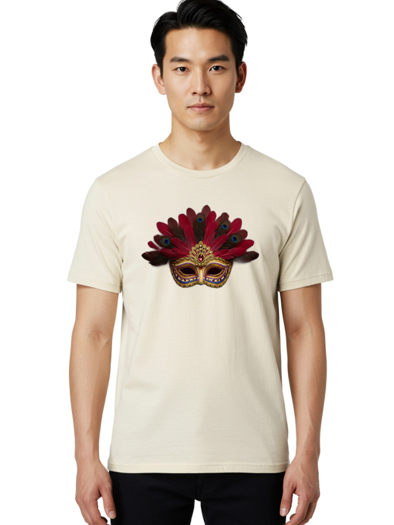 Gold-Venetian-Mask Men'S Graphic Tee, 100% Cotton, Comfortable Casual Summer Wear, Machine Washable, Venetian Mask, Gold Masquerade, Red Feathers, Peacock Feathers, Mardi Gras, Carnival, Jewels, Gems, Luxury, Elegance, Sophisticated, Bad157