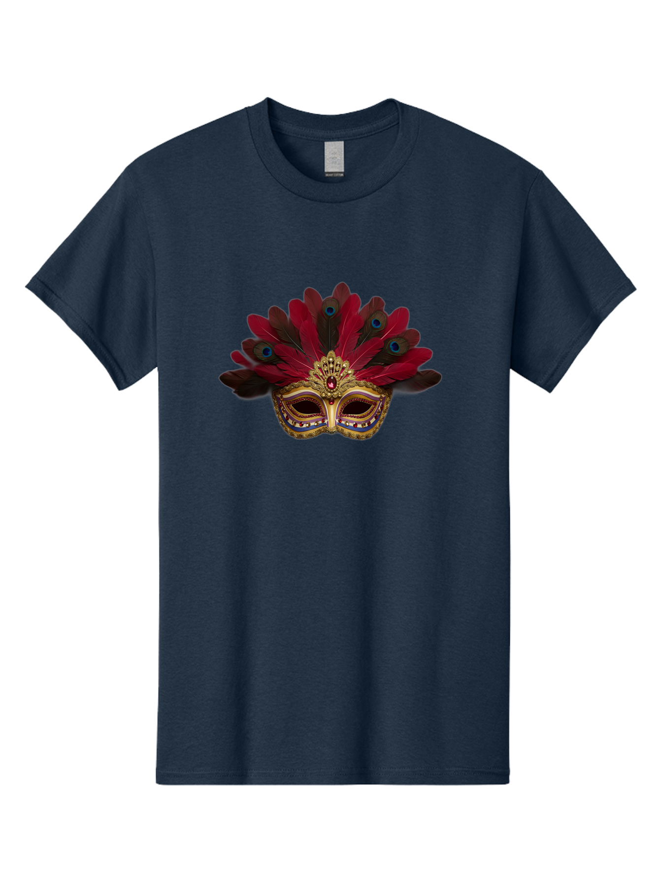 Gold-Venetian-Mask Men'S Graphic Tee, 100% Cotton, Comfortable Casual Summer Wear, Machine Washable, Venetian Mask, Gold Masquerade, Red Feathers, Peacock Feathers, Mardi Gras, Carnival, Jewels, Gems, Luxury, Elegance, Sophisticated, Bad157
