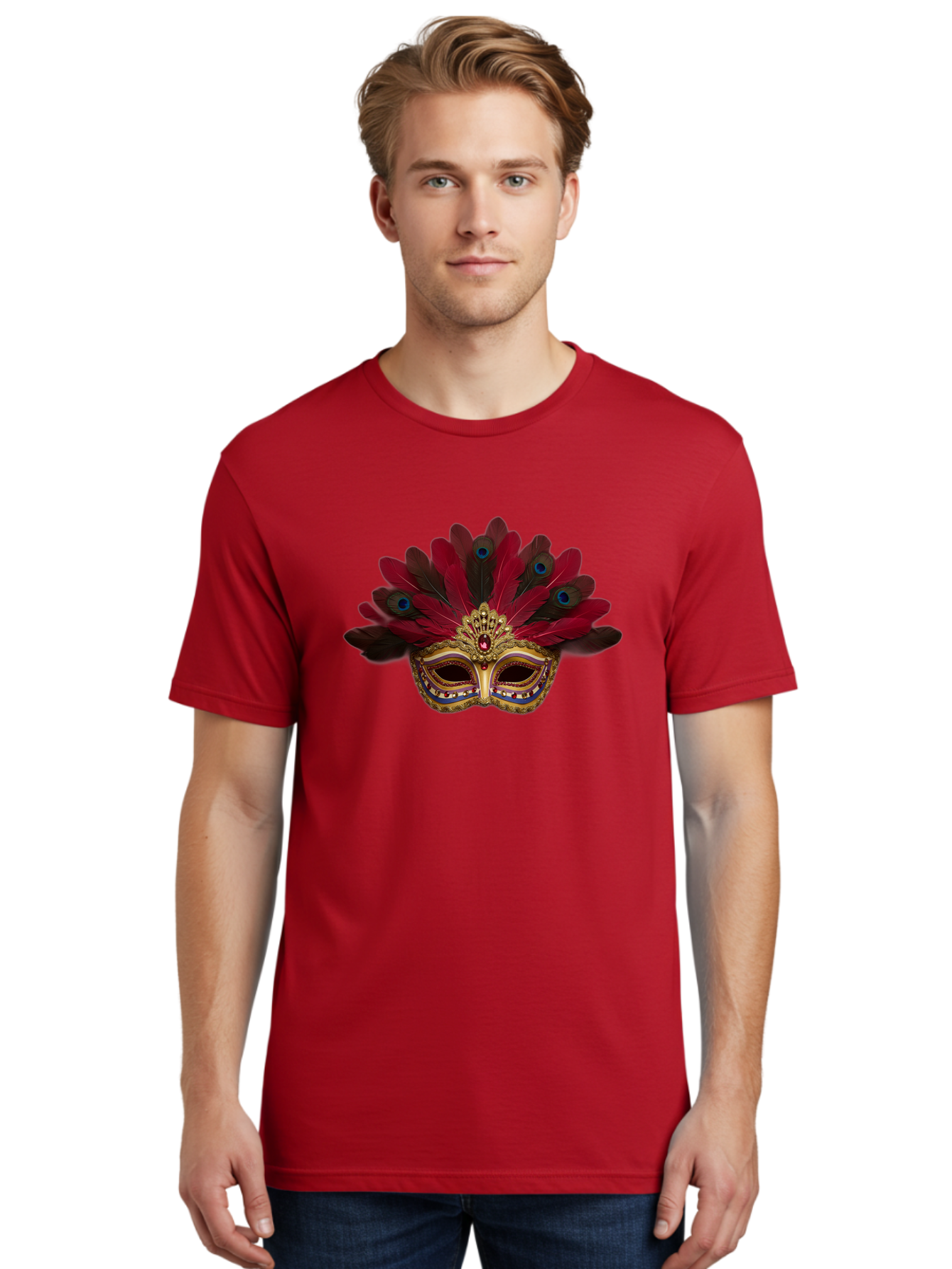 Gold-Venetian-Mask Men'S Graphic Tee, 100% Cotton, Comfortable Casual Summer Wear, Machine Washable, Venetian Mask, Gold Masquerade, Red Feathers, Peacock Feathers, Mardi Gras, Carnival, Jewels, Gems, Luxury, Elegance, Sophisticated, Bad157