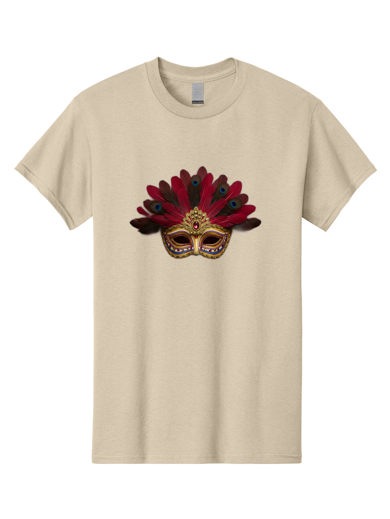 Gold-Venetian-Mask Men'S Graphic Tee, 100% Cotton, Comfortable Casual Summer Wear, Machine Washable, Venetian Mask, Gold Masquerade, Red Feathers, Peacock Feathers, Mardi Gras, Carnival, Jewels, Gems, Luxury, Elegance, Sophisticated, Bad157
