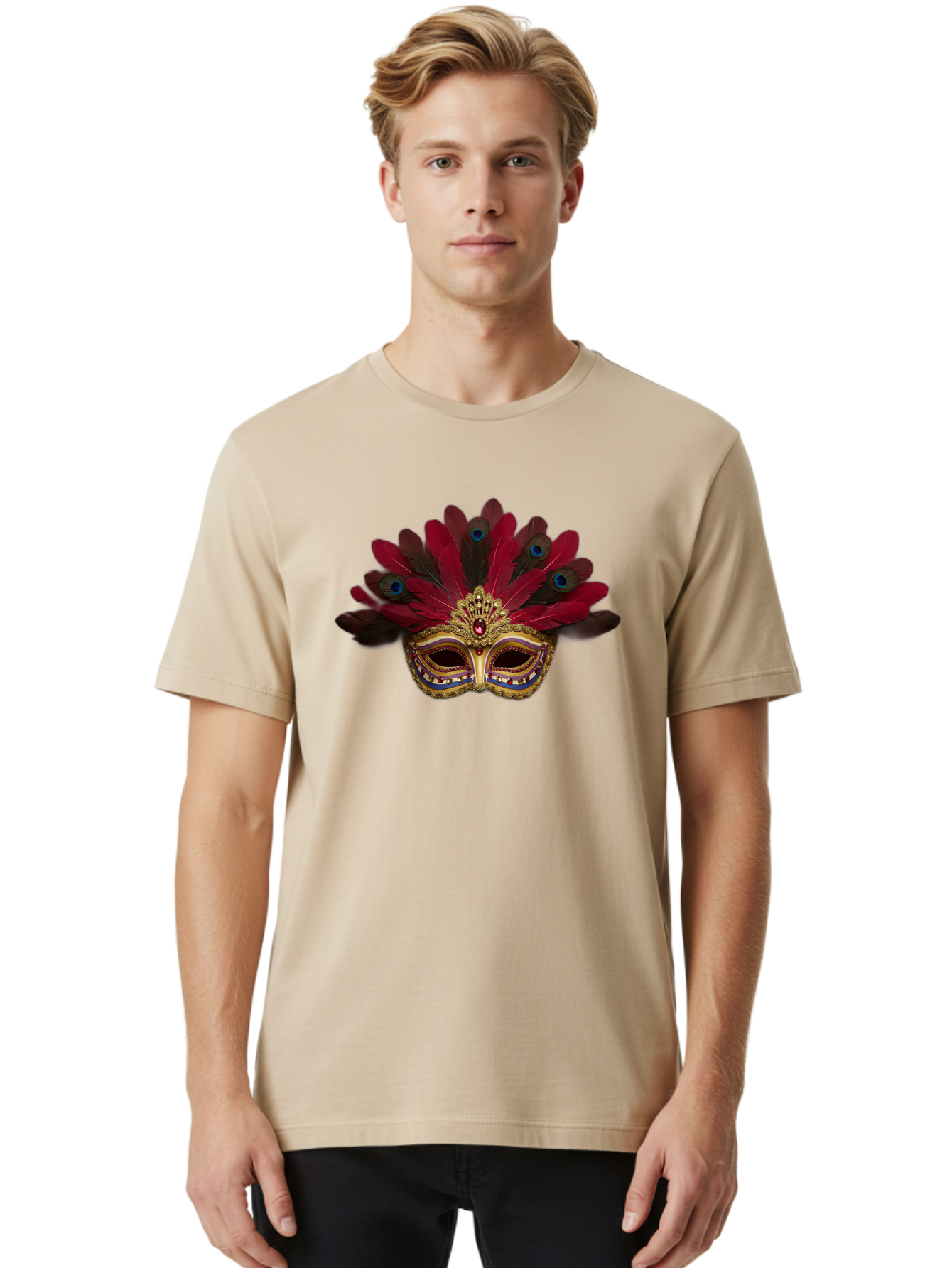 Gold-Venetian-Mask Men'S Graphic Tee, 100% Cotton, Comfortable Casual Summer Wear, Machine Washable, Venetian Mask, Gold Masquerade, Red Feathers, Peacock Feathers, Mardi Gras, Carnival, Jewels, Gems, Luxury, Elegance, Sophisticated, Bad157