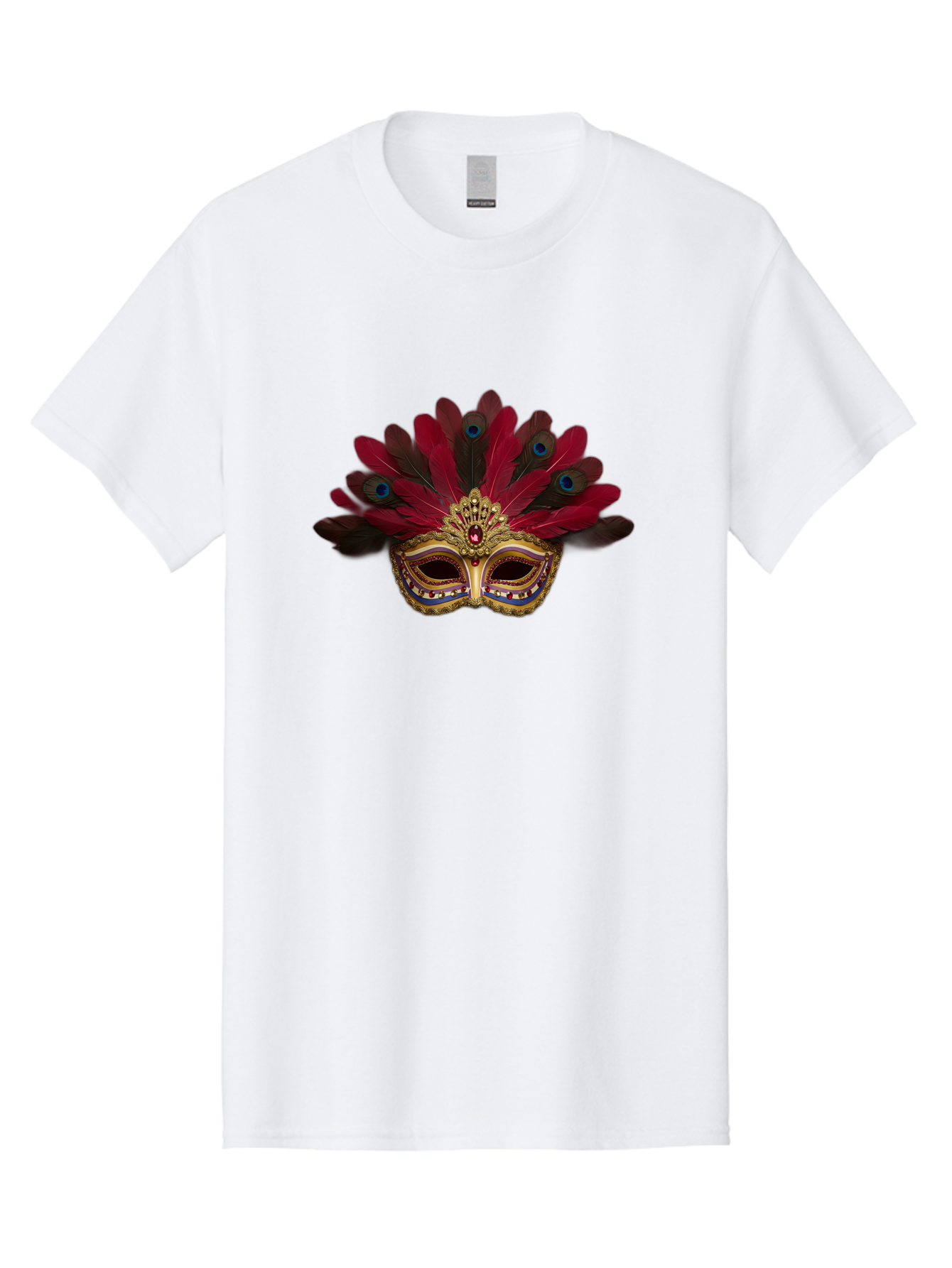 Gold-Venetian-Mask Men'S Graphic Tee, 100% Cotton, Comfortable Casual Summer Wear, Machine Washable, Venetian Mask, Gold Masquerade, Red Feathers, Peacock Feathers, Mardi Gras, Carnival, Jewels, Gems, Luxury, Elegance, Sophisticated, Bad157