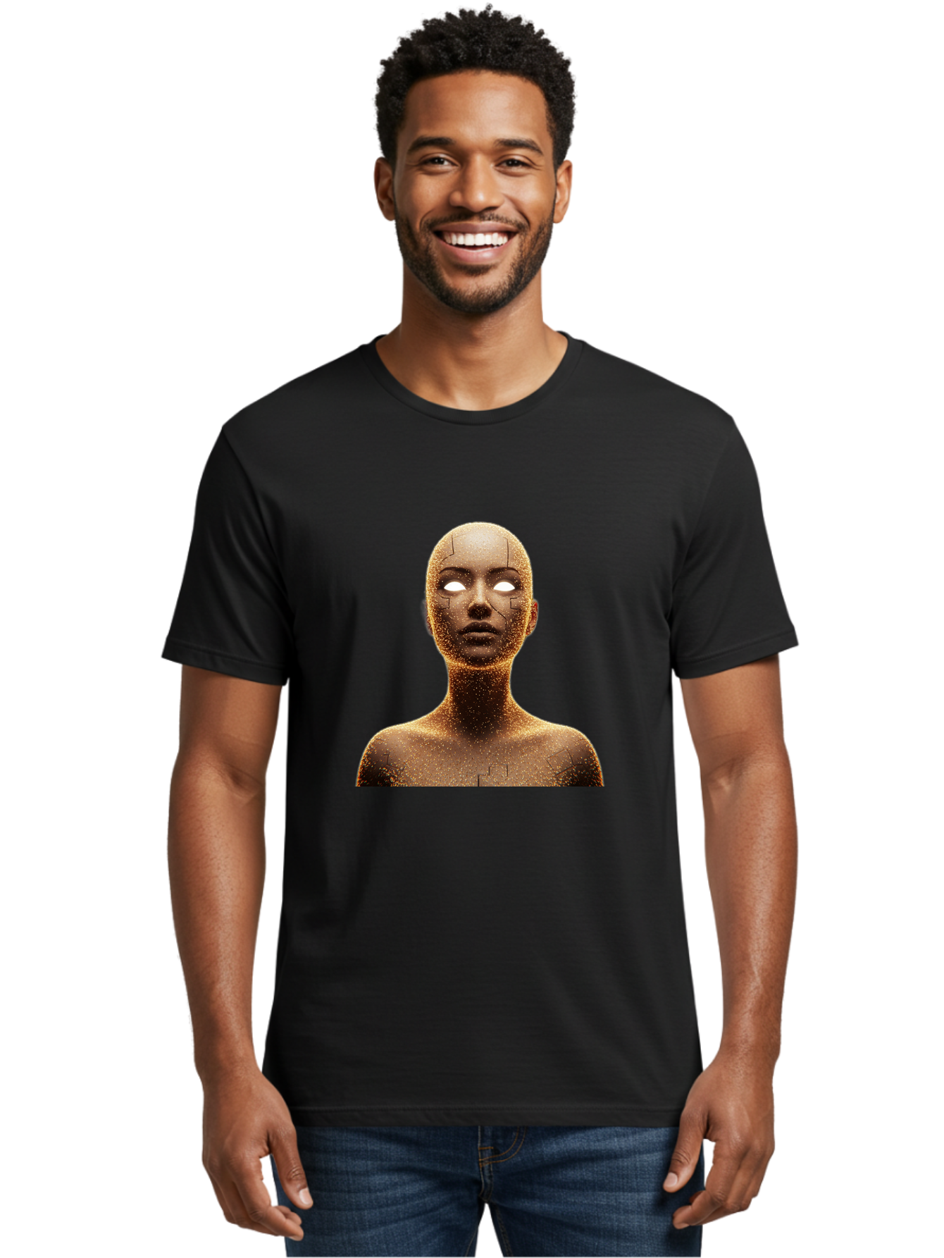 Golden-Mannequin Men'S Graphic Tee, 100% Cotton, Comfortable Casual Summer Wear, Machine Washable, Cracked Mannequin, Glowing Eyes, Brown Dusty Texture, Robotic Face, Futuristic Design, Modern Art, Surreal Atmosphere, Abstract Portrait Bad158