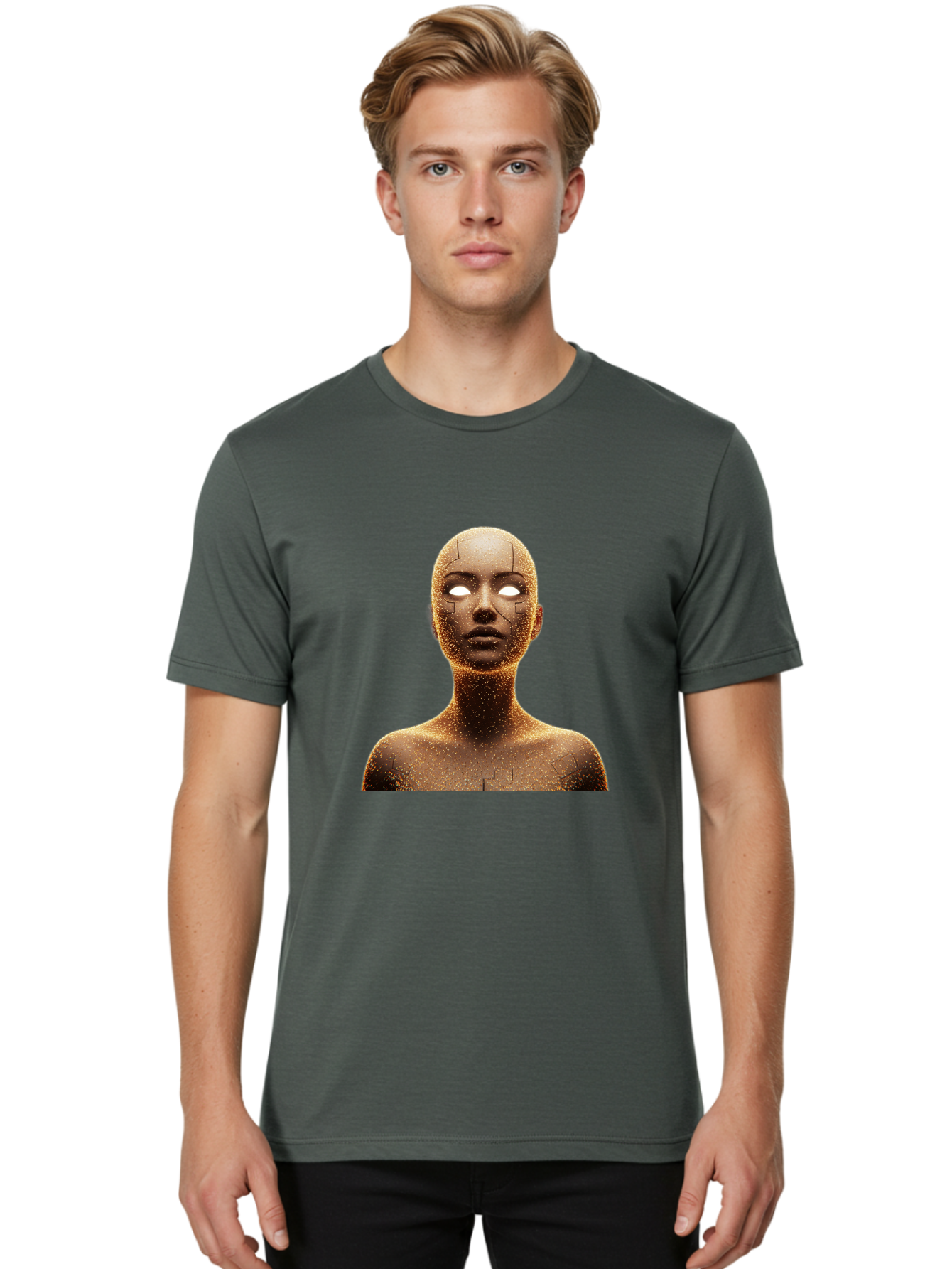 Golden-Mannequin Men'S Graphic Tee, 100% Cotton, Comfortable Casual Summer Wear, Machine Washable, Cracked Mannequin, Glowing Eyes, Brown Dusty Texture, Robotic Face, Futuristic Design, Modern Art, Surreal Atmosphere, Abstract Portrait Bad158