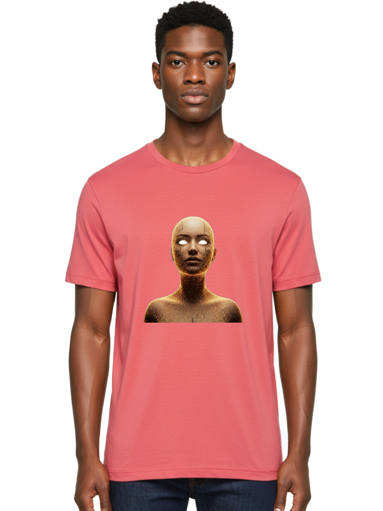 Golden-Mannequin Men'S Graphic Tee, 100% Cotton, Comfortable Casual Summer Wear, Machine Washable, Cracked Mannequin, Glowing Eyes, Brown Dusty Texture, Robotic Face, Futuristic Design, Modern Art, Surreal Atmosphere, Abstract Portrait Bad158