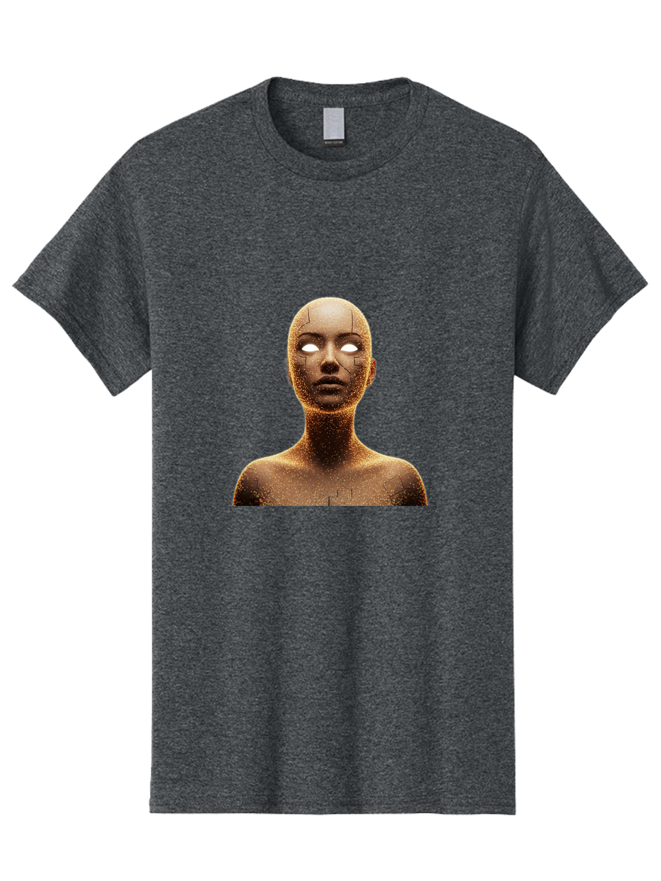 Golden-Mannequin Men'S Graphic Tee, 100% Cotton, Comfortable Casual Summer Wear, Machine Washable, Cracked Mannequin, Glowing Eyes, Brown Dusty Texture, Robotic Face, Futuristic Design, Modern Art, Surreal Atmosphere, Abstract Portrait Bad158