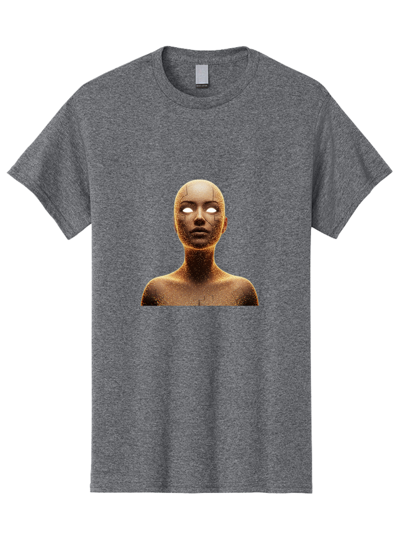 Golden-Mannequin Men'S Graphic Tee, 100% Cotton, Comfortable Casual Summer Wear, Machine Washable, Cracked Mannequin, Glowing Eyes, Brown Dusty Texture, Robotic Face, Futuristic Design, Modern Art, Surreal Atmosphere, Abstract Portrait Bad158