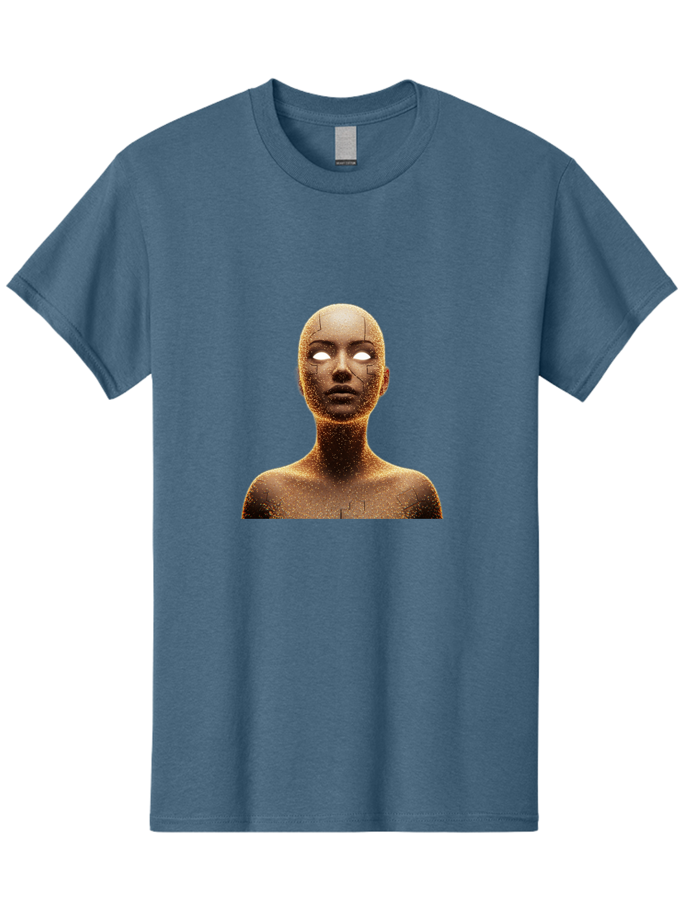 Golden-Mannequin Men'S Graphic Tee, 100% Cotton, Comfortable Casual Summer Wear, Machine Washable, Cracked Mannequin, Glowing Eyes, Brown Dusty Texture, Robotic Face, Futuristic Design, Modern Art, Surreal Atmosphere, Abstract Portrait Bad158