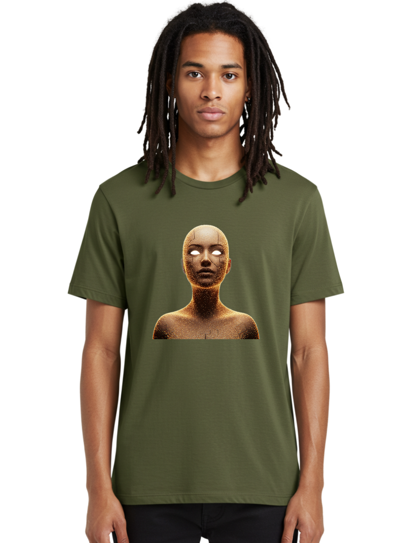 Golden-Mannequin Men'S Graphic Tee, 100% Cotton, Comfortable Casual Summer Wear, Machine Washable, Cracked Mannequin, Glowing Eyes, Brown Dusty Texture, Robotic Face, Futuristic Design, Modern Art, Surreal Atmosphere, Abstract Portrait Bad158