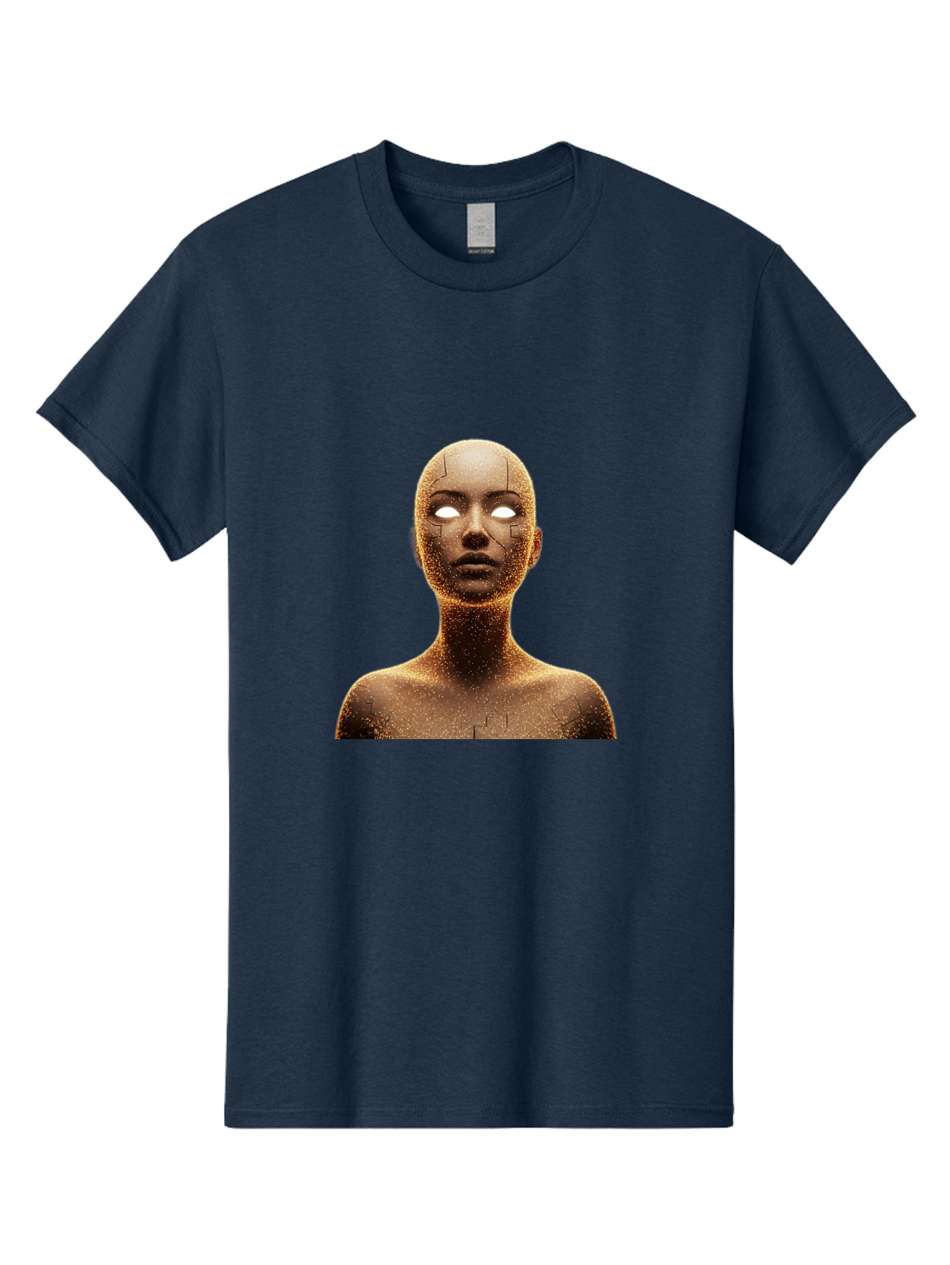 Golden-Mannequin Men'S Graphic Tee, 100% Cotton, Comfortable Casual Summer Wear, Machine Washable, Cracked Mannequin, Glowing Eyes, Brown Dusty Texture, Robotic Face, Futuristic Design, Modern Art, Surreal Atmosphere, Abstract Portrait Bad158