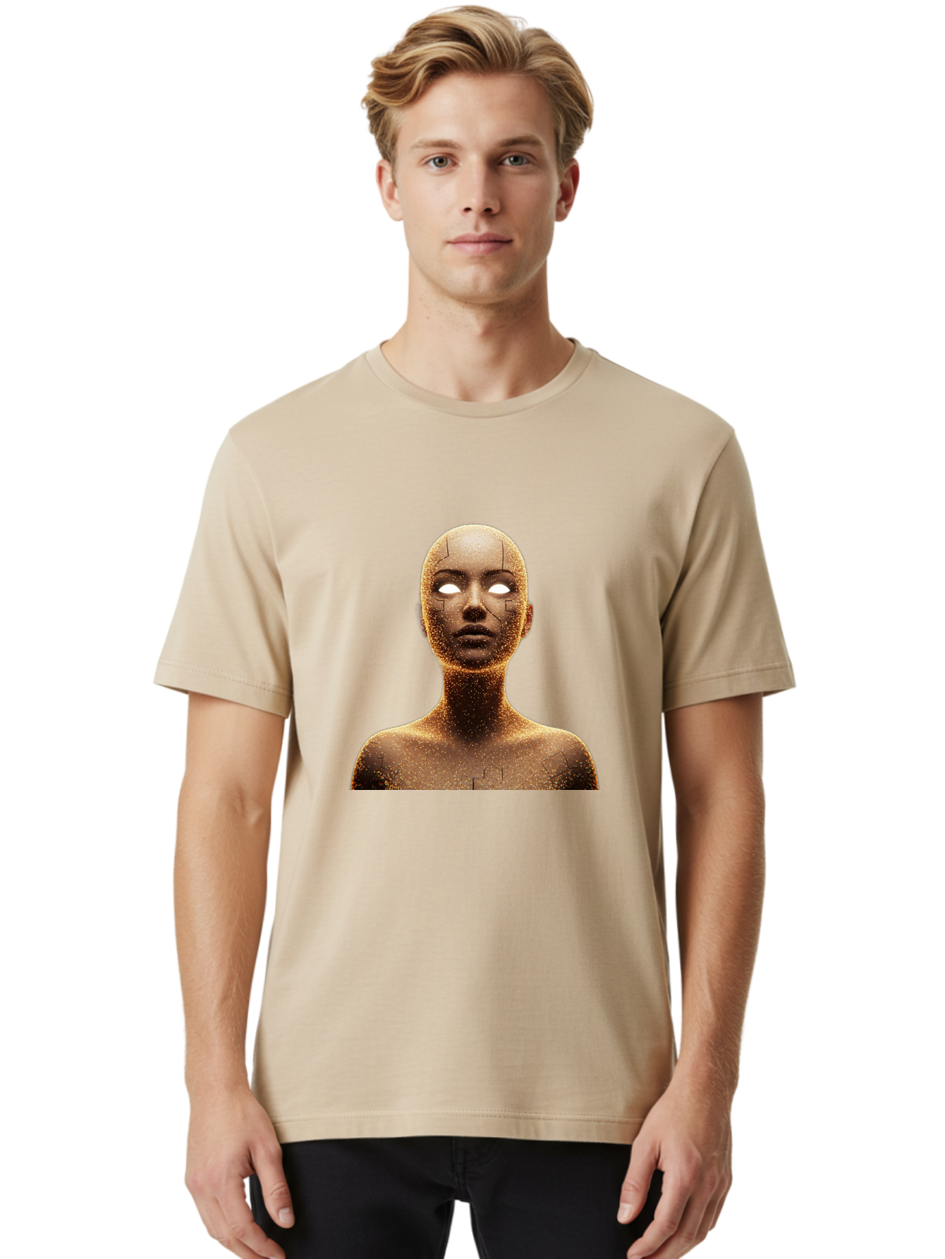 Golden-Mannequin Men'S Graphic Tee, 100% Cotton, Comfortable Casual Summer Wear, Machine Washable, Cracked Mannequin, Glowing Eyes, Brown Dusty Texture, Robotic Face, Futuristic Design, Modern Art, Surreal Atmosphere, Abstract Portrait Bad158