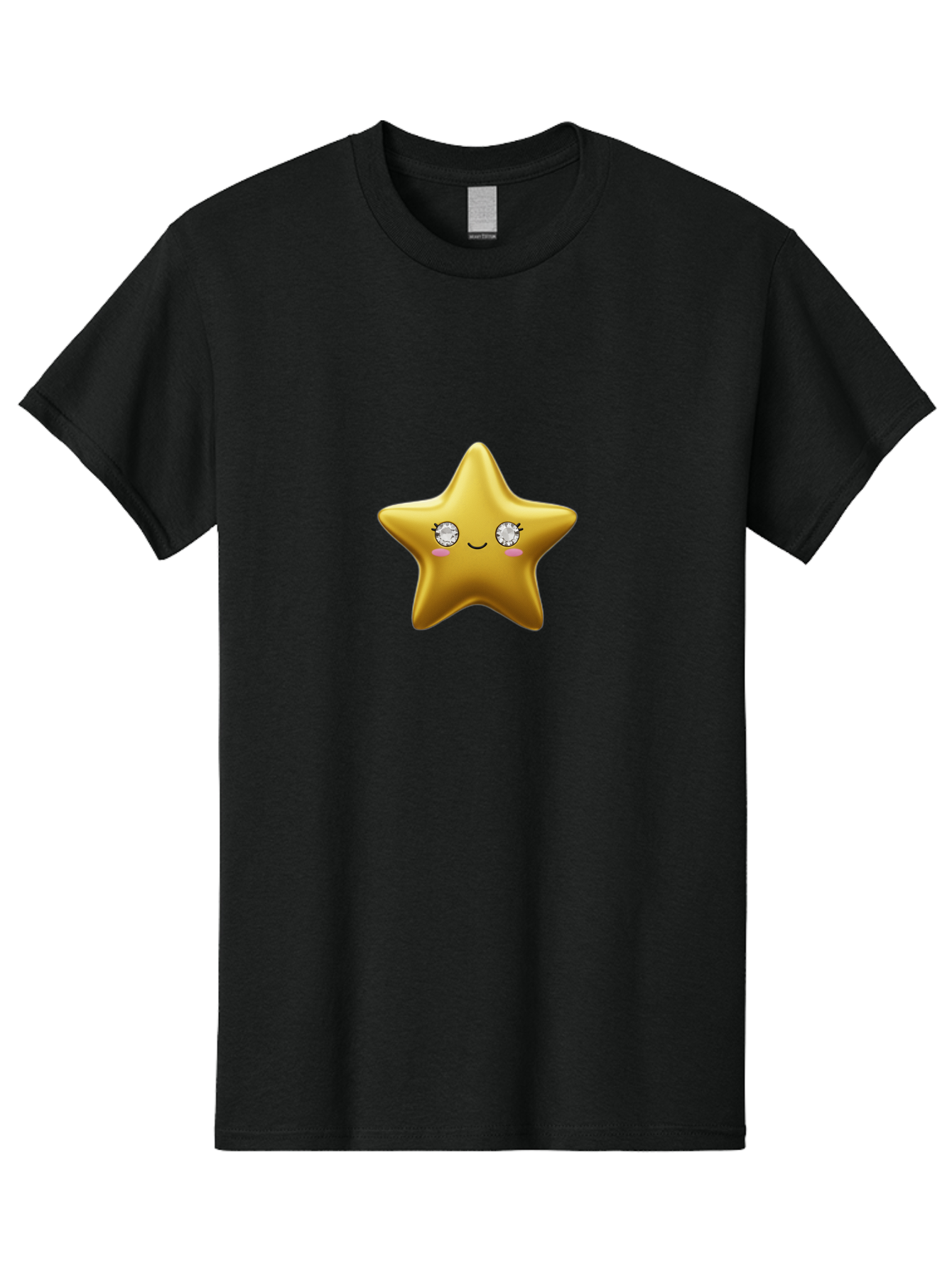 Golden-Star Men'S Graphic Tee, 100% Cotton, Comfortable Casual Summer Wear, Machine Washable, Shiny Golden Star, Cute Emoji, Diamond Eyes, Smiling Face, Pink Cheeks, Cartoon Character, Kawaii Design, Star Symbol, Shiny Texture, Bad159
