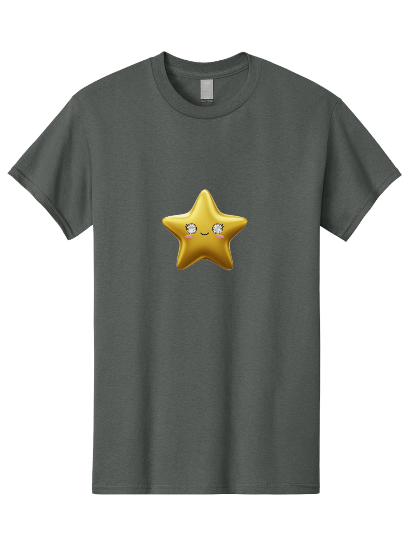 Golden-Star Men'S Graphic Tee, 100% Cotton, Comfortable Casual Summer Wear, Machine Washable, Shiny Golden Star, Cute Emoji, Diamond Eyes, Smiling Face, Pink Cheeks, Cartoon Character, Kawaii Design, Star Symbol, Shiny Texture, Bad159