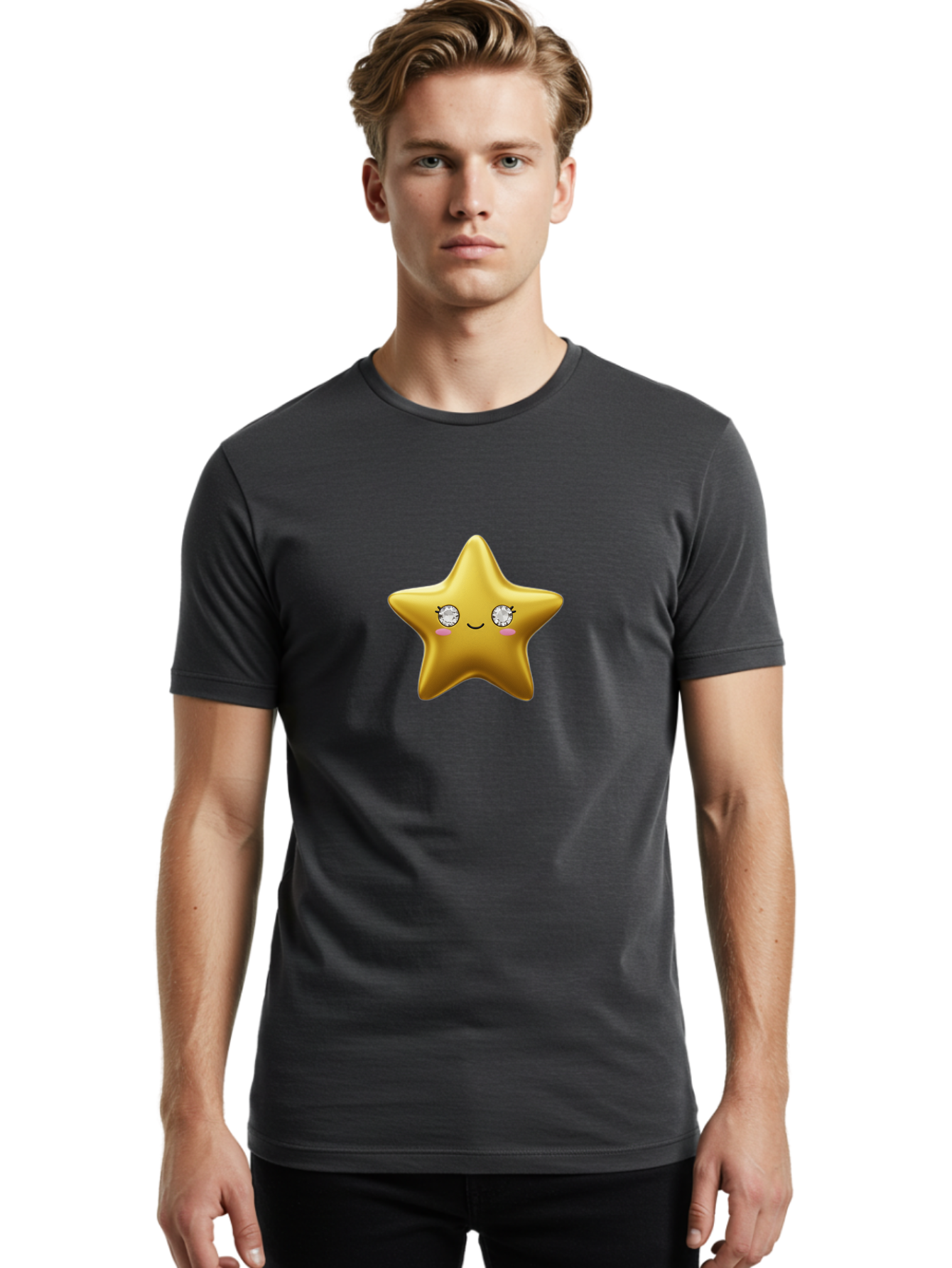 Golden-Star Men'S Graphic Tee, 100% Cotton, Comfortable Casual Summer Wear, Machine Washable, Shiny Golden Star, Cute Emoji, Diamond Eyes, Smiling Face, Pink Cheeks, Cartoon Character, Kawaii Design, Star Symbol, Shiny Texture, Bad159