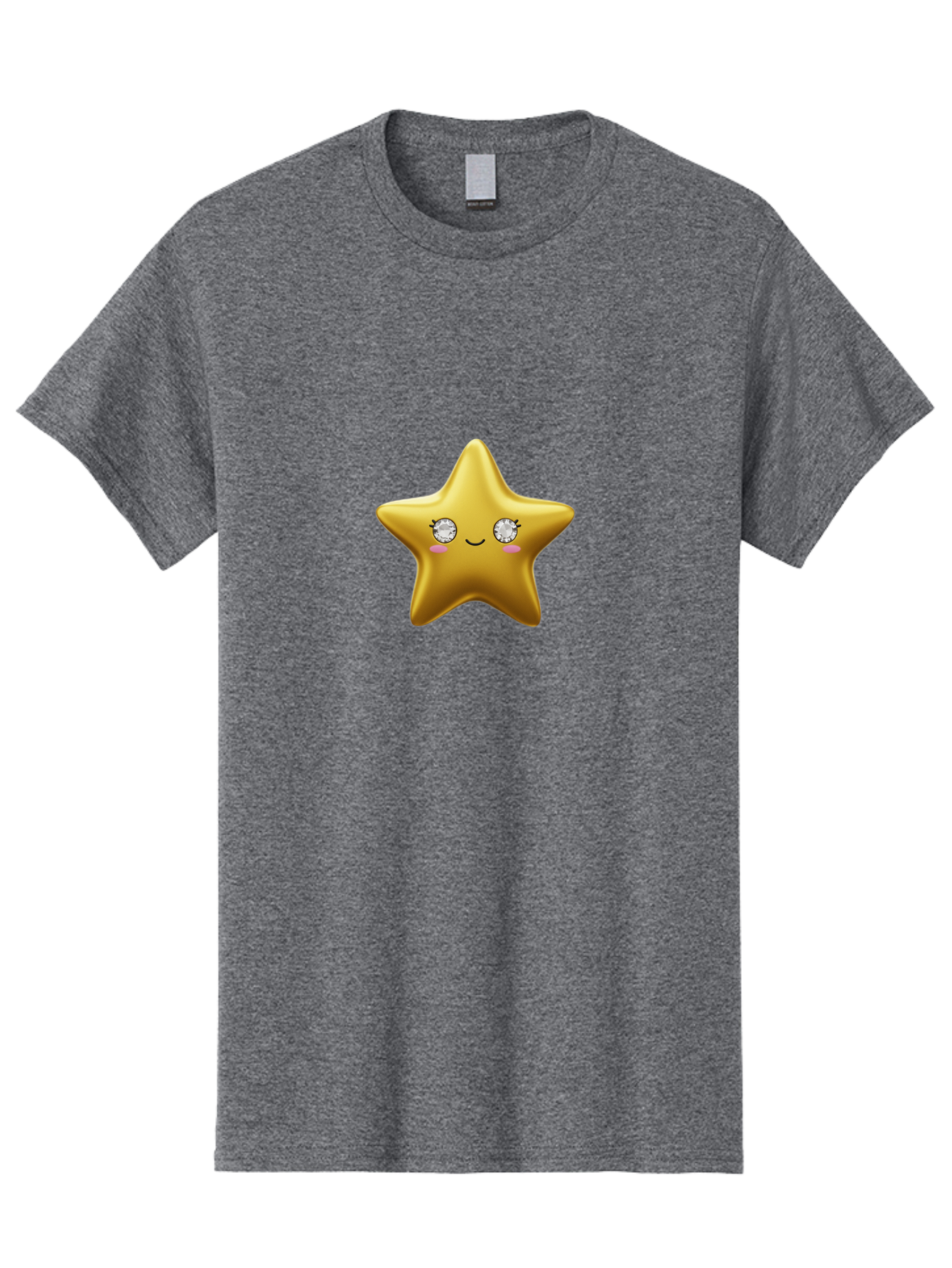 Golden-Star Men'S Graphic Tee, 100% Cotton, Comfortable Casual Summer Wear, Machine Washable, Shiny Golden Star, Cute Emoji, Diamond Eyes, Smiling Face, Pink Cheeks, Cartoon Character, Kawaii Design, Star Symbol, Shiny Texture, Bad159