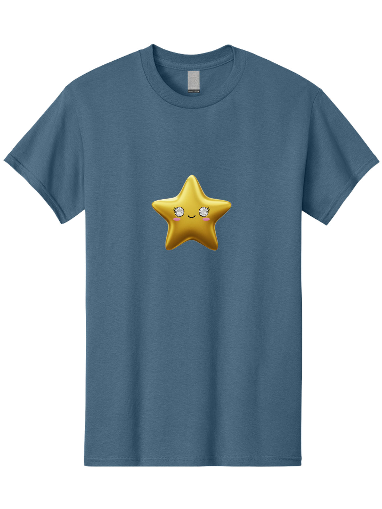 Golden-Star Men'S Graphic Tee, 100% Cotton, Comfortable Casual Summer Wear, Machine Washable, Shiny Golden Star, Cute Emoji, Diamond Eyes, Smiling Face, Pink Cheeks, Cartoon Character, Kawaii Design, Star Symbol, Shiny Texture, Bad159
