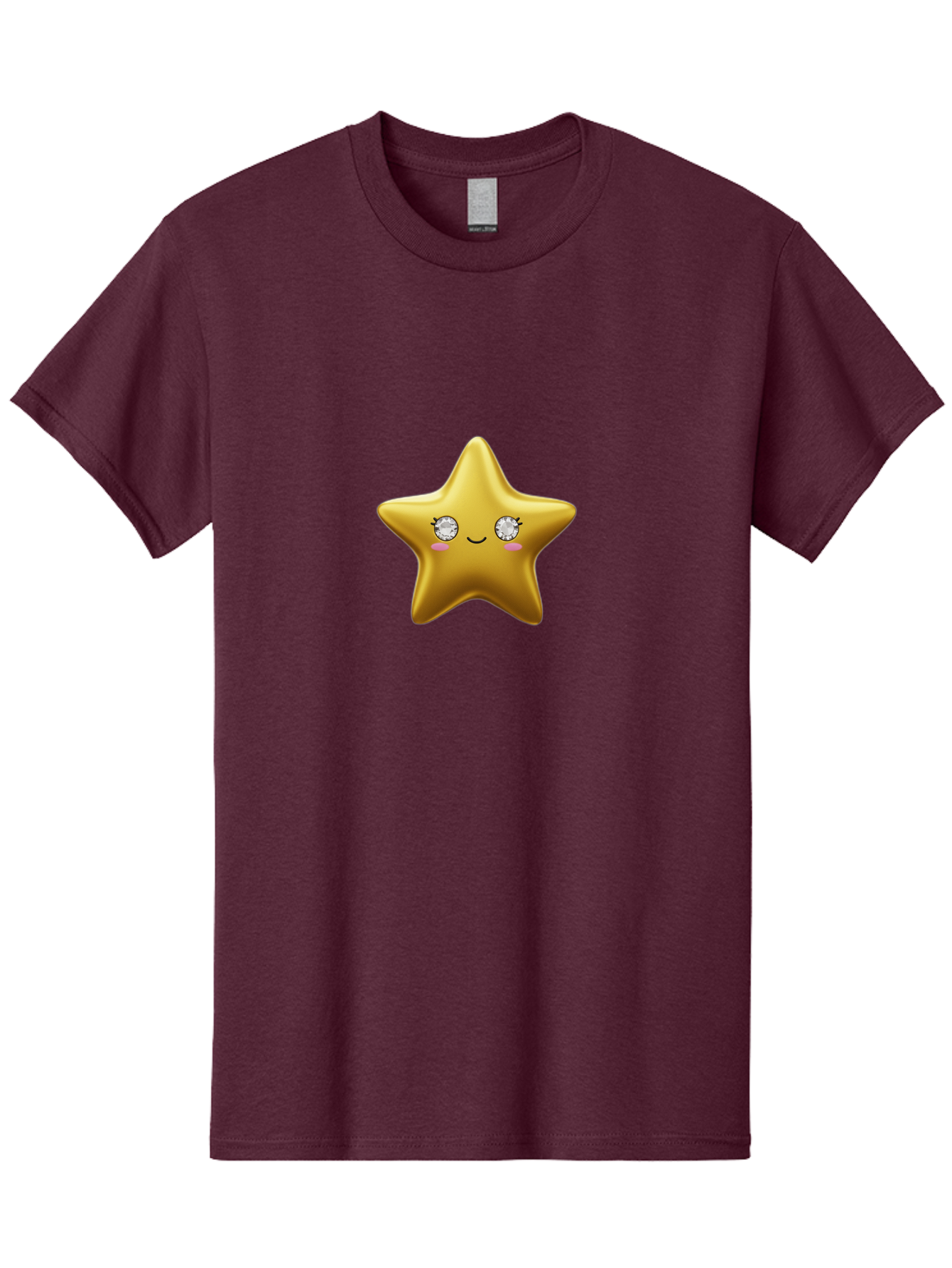 Golden-Star Men'S Graphic Tee, 100% Cotton, Comfortable Casual Summer Wear, Machine Washable, Shiny Golden Star, Cute Emoji, Diamond Eyes, Smiling Face, Pink Cheeks, Cartoon Character, Kawaii Design, Star Symbol, Shiny Texture, Bad159
