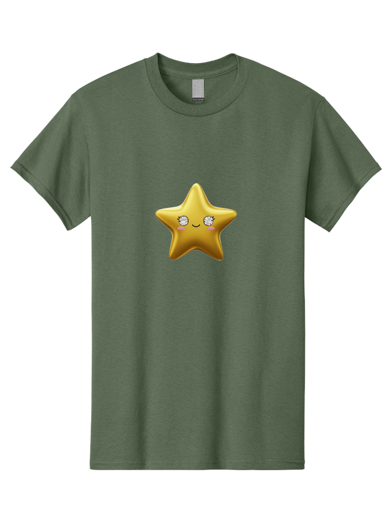 Golden-Star Men'S Graphic Tee, 100% Cotton, Comfortable Casual Summer Wear, Machine Washable, Shiny Golden Star, Cute Emoji, Diamond Eyes, Smiling Face, Pink Cheeks, Cartoon Character, Kawaii Design, Star Symbol, Shiny Texture, Bad159