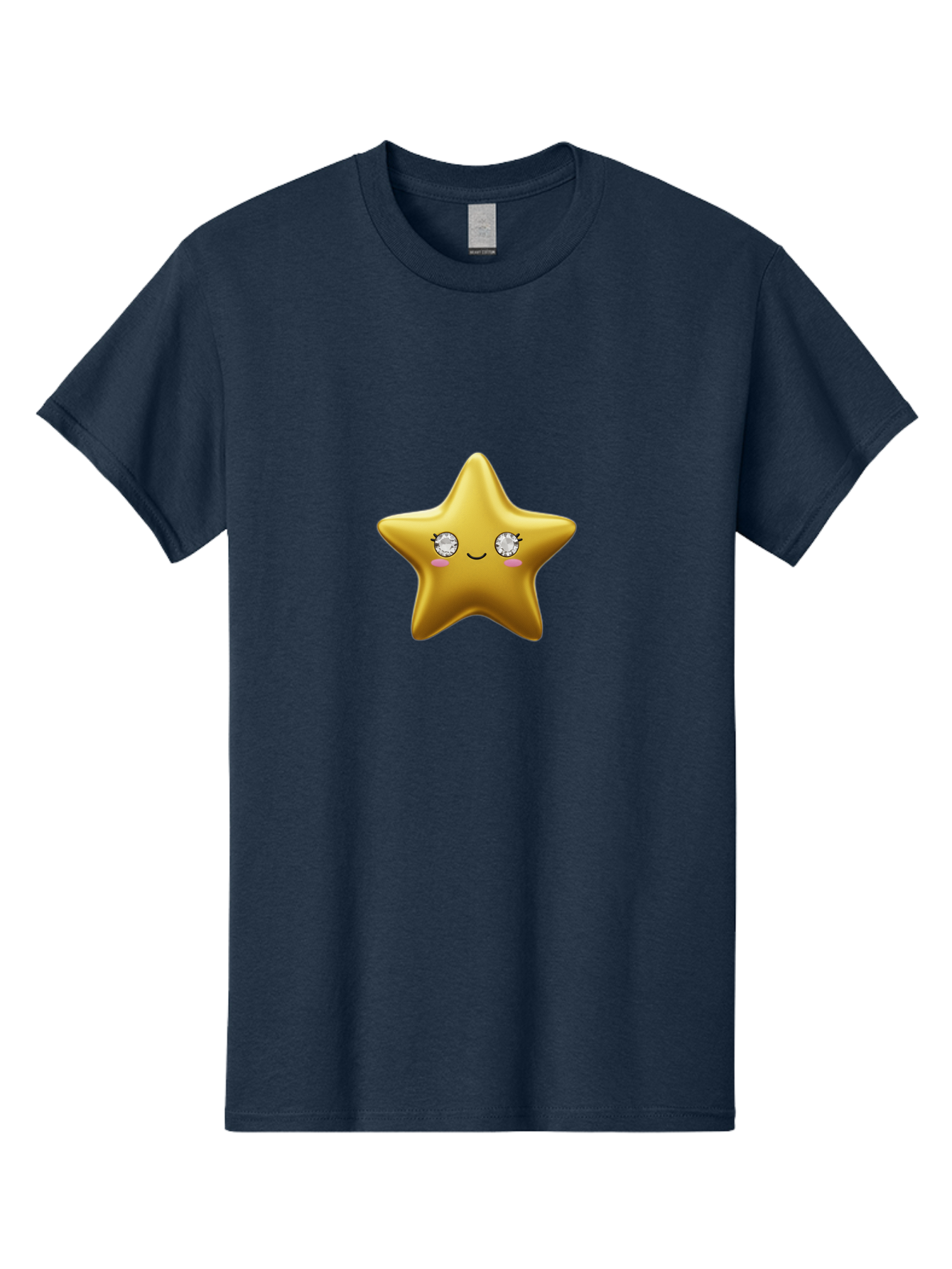 Golden-Star Men'S Graphic Tee, 100% Cotton, Comfortable Casual Summer Wear, Machine Washable, Shiny Golden Star, Cute Emoji, Diamond Eyes, Smiling Face, Pink Cheeks, Cartoon Character, Kawaii Design, Star Symbol, Shiny Texture, Bad159