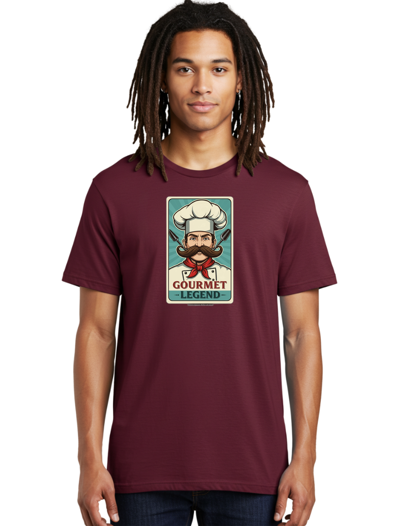 Gourmet-Legend Men'S Graphic Tee, 100% Cotton, Comfortable Casual Summer Wear, Machine Washable, Cartoon Chef, Luxury Cuisine, Fine Dining, Gourmet Food, Chef'S Hat, Red Bandana, Curved Mustache, Kitchen Knives, Gourmet Legend, Culinary Art Bad161