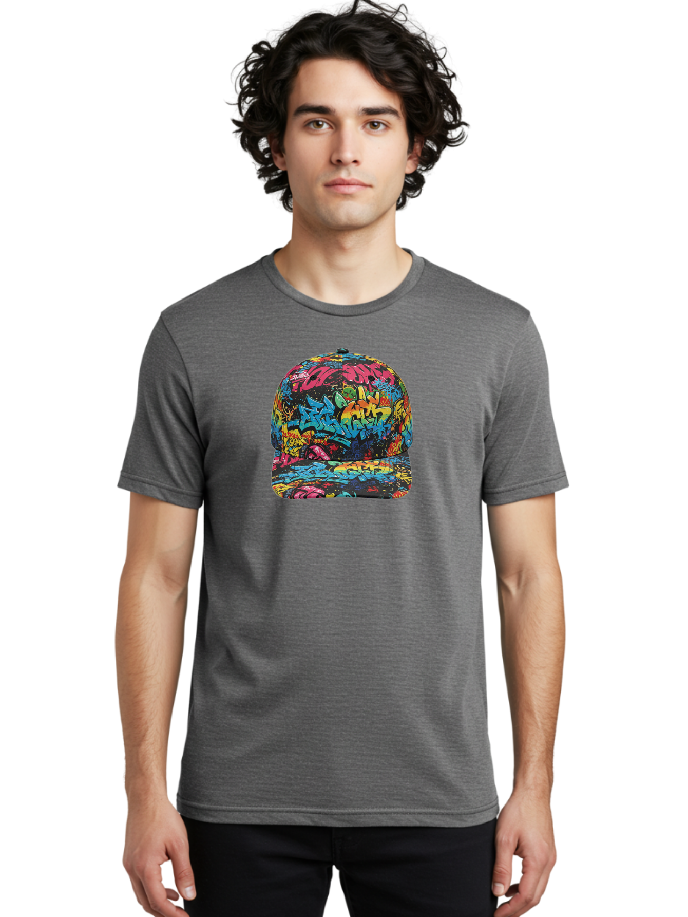 Graffiti-Baseball-Cap-2 Men'S Graphic Tee, 100% Cotton, Comfortable Casual Summer Wear, Machine Washable, Graffiti Baseball Cap, Streetwear Fashion, Colorful Cap, Urban Style, Trendy Accessories, Graffiti Art, Vibrant Colors, Casual Wear Bad163