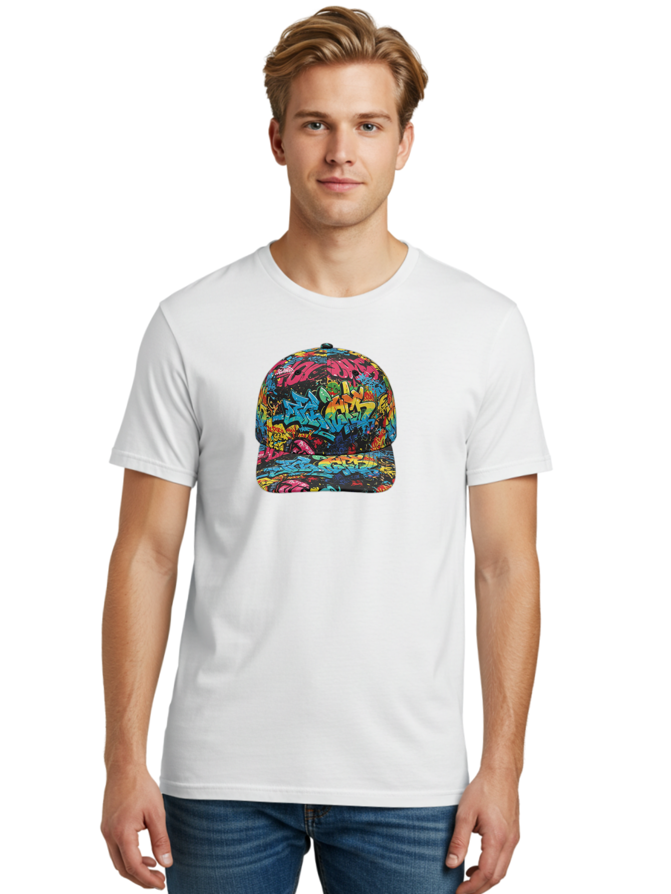Graffiti-Baseball-Cap-2 Men'S Graphic Tee, 100% Cotton, Comfortable Casual Summer Wear, Machine Washable, Graffiti Baseball Cap, Streetwear Fashion, Colorful Cap, Urban Style, Trendy Accessories, Graffiti Art, Vibrant Colors, Casual Wear Bad163