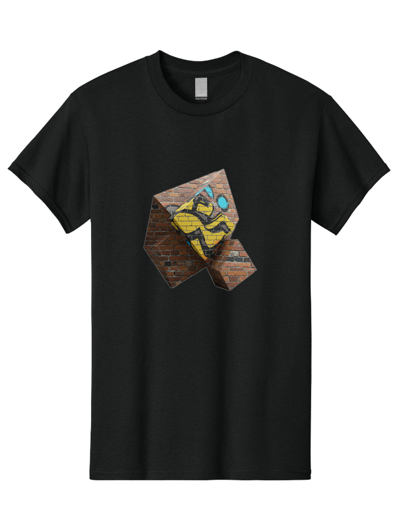 Graffiti-Peace-Sign Men'S Graphic Tee, 100% Cotton, Comfortable Casual Summer Wear, Machine Washable, Graffiti Art, Street Art, Urban Culture, Vandalism, Yellow And Black Colors, Abstract Design, Fragmented Brick Wall, 3D Effect, Bad165