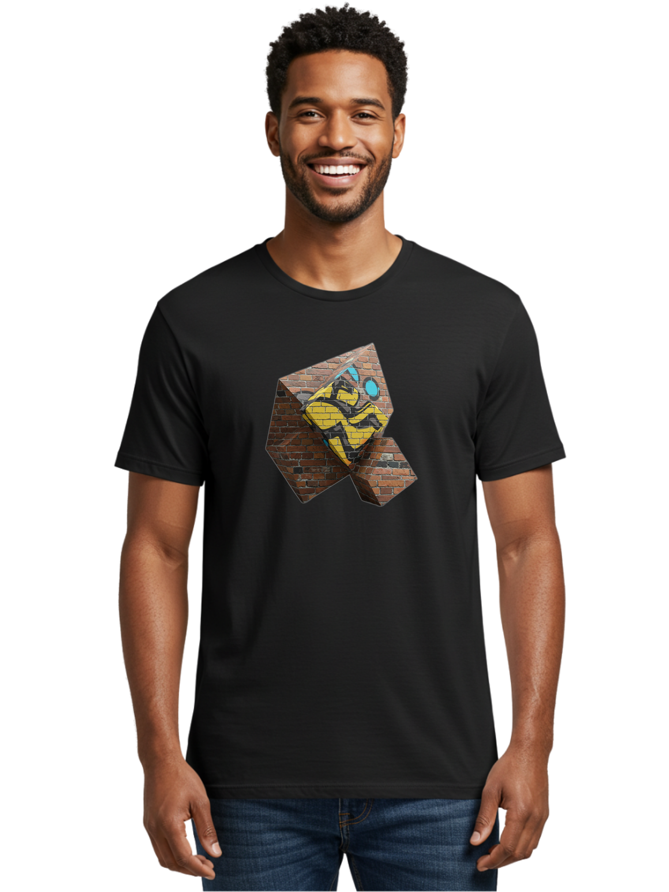 Graffiti-Peace-Sign Men'S Graphic Tee, 100% Cotton, Comfortable Casual Summer Wear, Machine Washable, Graffiti Art, Street Art, Urban Culture, Vandalism, Yellow And Black Colors, Abstract Design, Fragmented Brick Wall, 3D Effect, Bad165