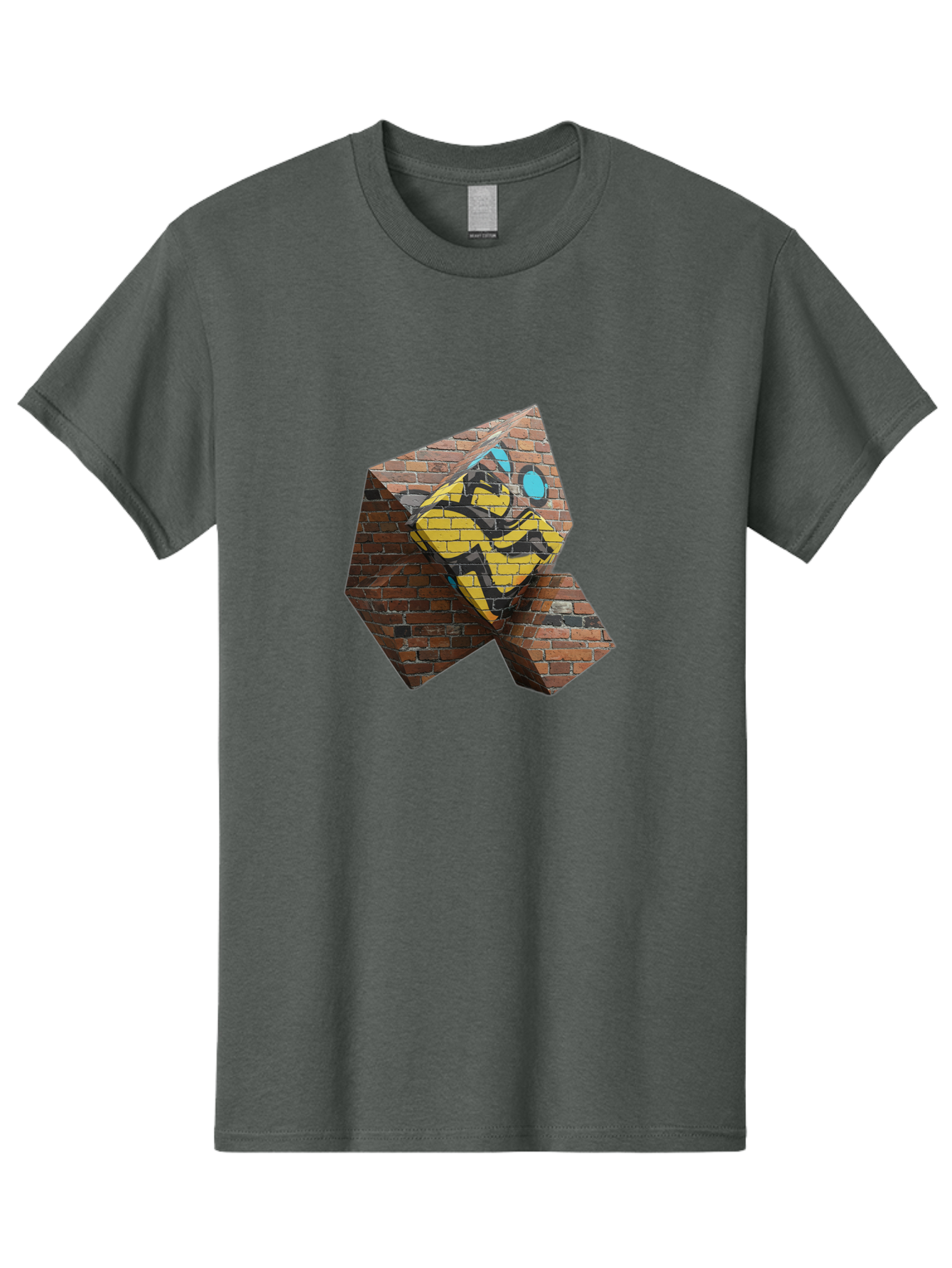 Graffiti-Peace-Sign Men'S Graphic Tee, 100% Cotton, Comfortable Casual Summer Wear, Machine Washable, Graffiti Art, Street Art, Urban Culture, Vandalism, Yellow And Black Colors, Abstract Design, Fragmented Brick Wall, 3D Effect, Bad165