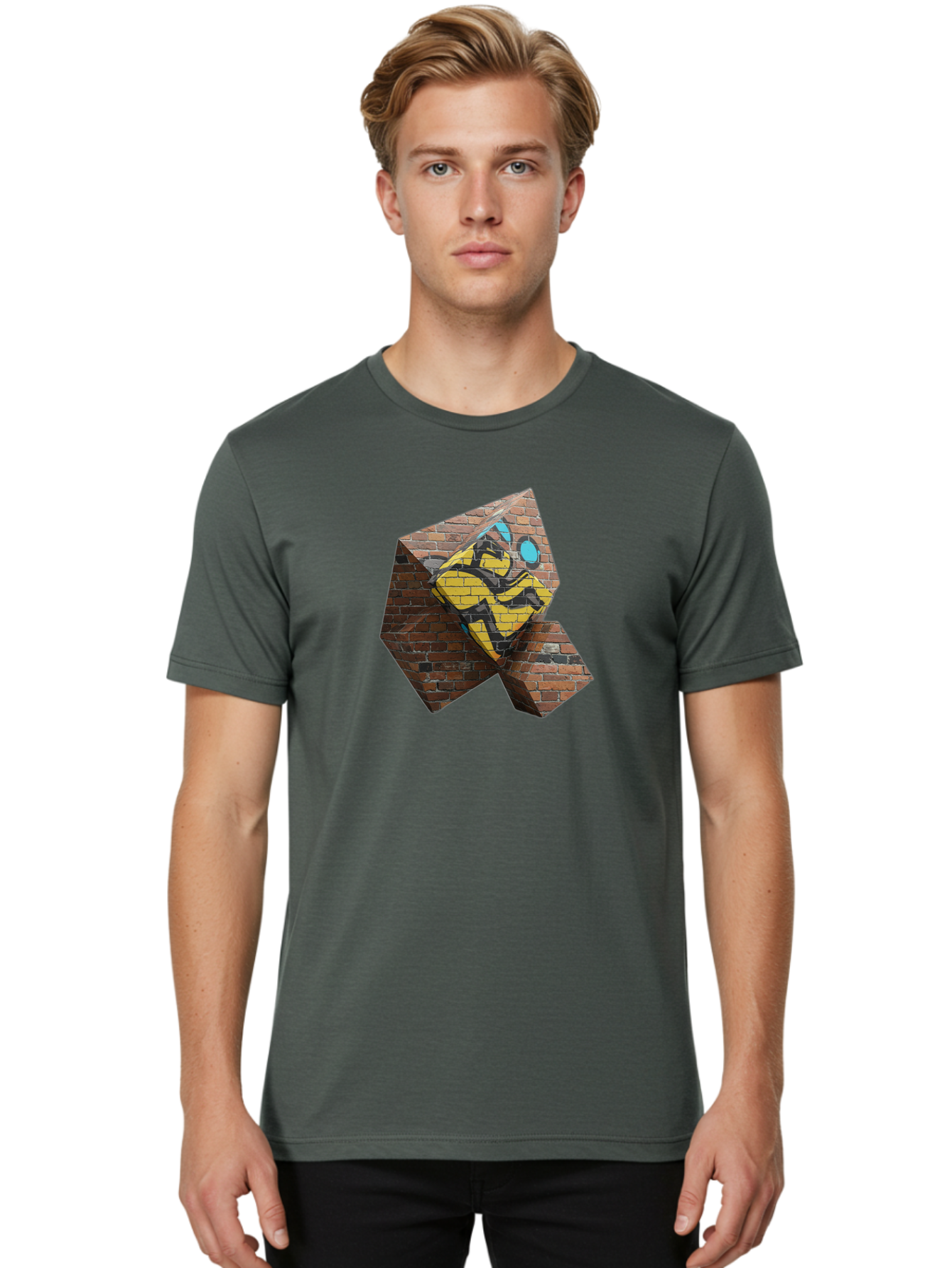 Graffiti-Peace-Sign Men'S Graphic Tee, 100% Cotton, Comfortable Casual Summer Wear, Machine Washable, Graffiti Art, Street Art, Urban Culture, Vandalism, Yellow And Black Colors, Abstract Design, Fragmented Brick Wall, 3D Effect, Bad165