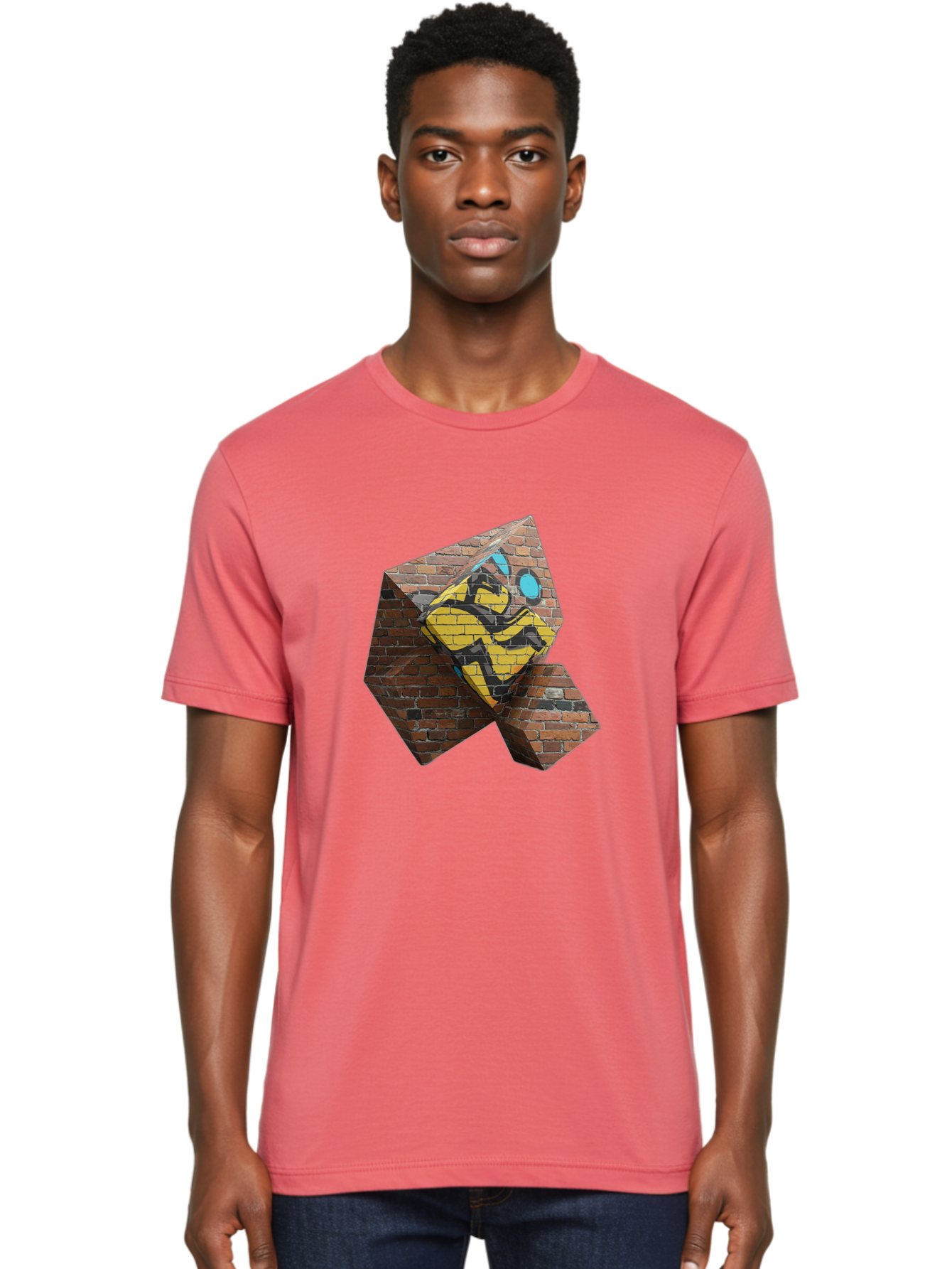 Graffiti-Peace-Sign Men'S Graphic Tee, 100% Cotton, Comfortable Casual Summer Wear, Machine Washable, Graffiti Art, Street Art, Urban Culture, Vandalism, Yellow And Black Colors, Abstract Design, Fragmented Brick Wall, 3D Effect, Bad165
