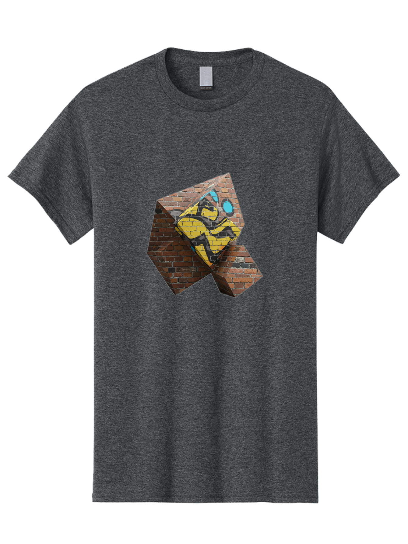Graffiti-Peace-Sign Men'S Graphic Tee, 100% Cotton, Comfortable Casual Summer Wear, Machine Washable, Graffiti Art, Street Art, Urban Culture, Vandalism, Yellow And Black Colors, Abstract Design, Fragmented Brick Wall, 3D Effect, Bad165