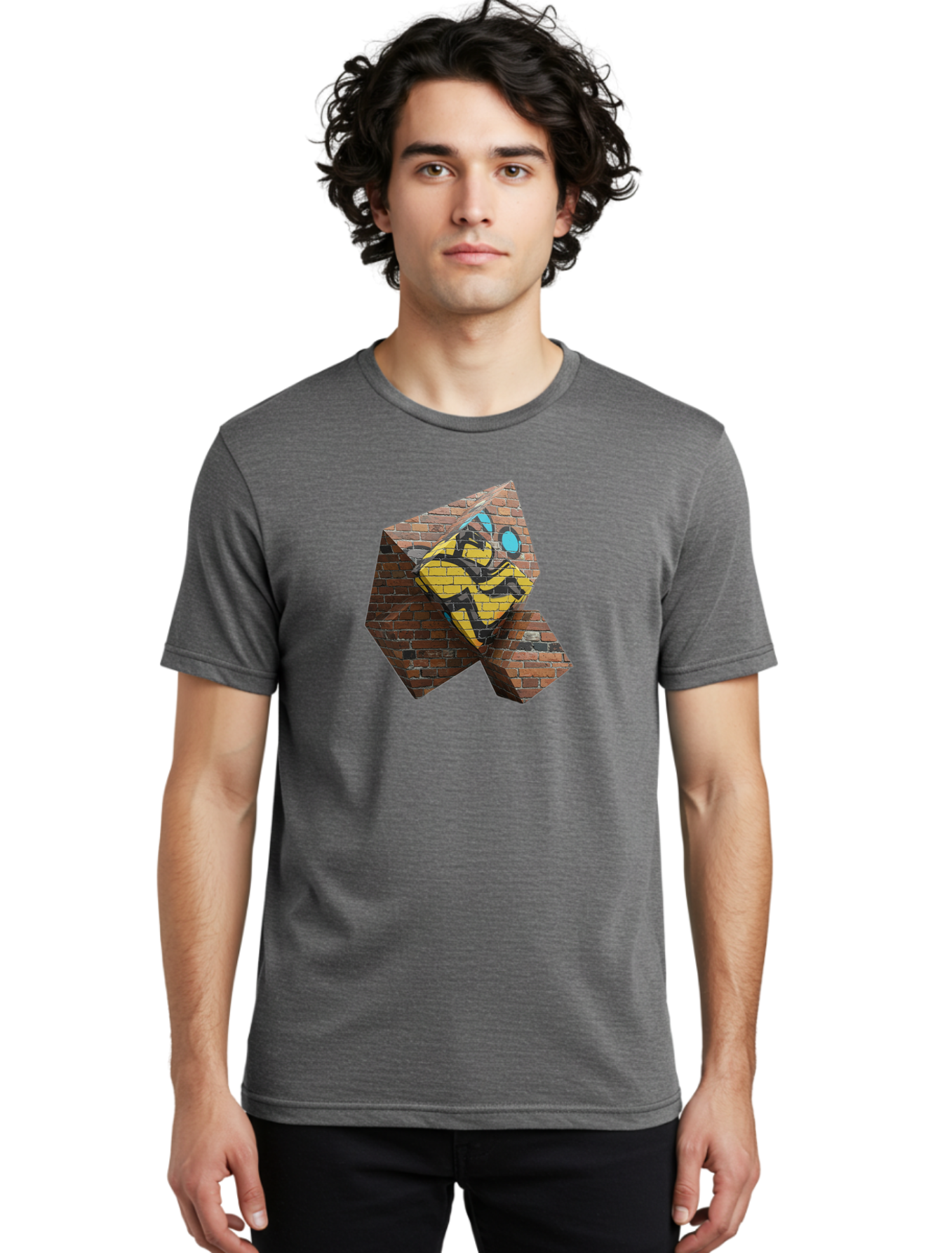 Graffiti-Peace-Sign Men'S Graphic Tee, 100% Cotton, Comfortable Casual Summer Wear, Machine Washable, Graffiti Art, Street Art, Urban Culture, Vandalism, Yellow And Black Colors, Abstract Design, Fragmented Brick Wall, 3D Effect, Bad165