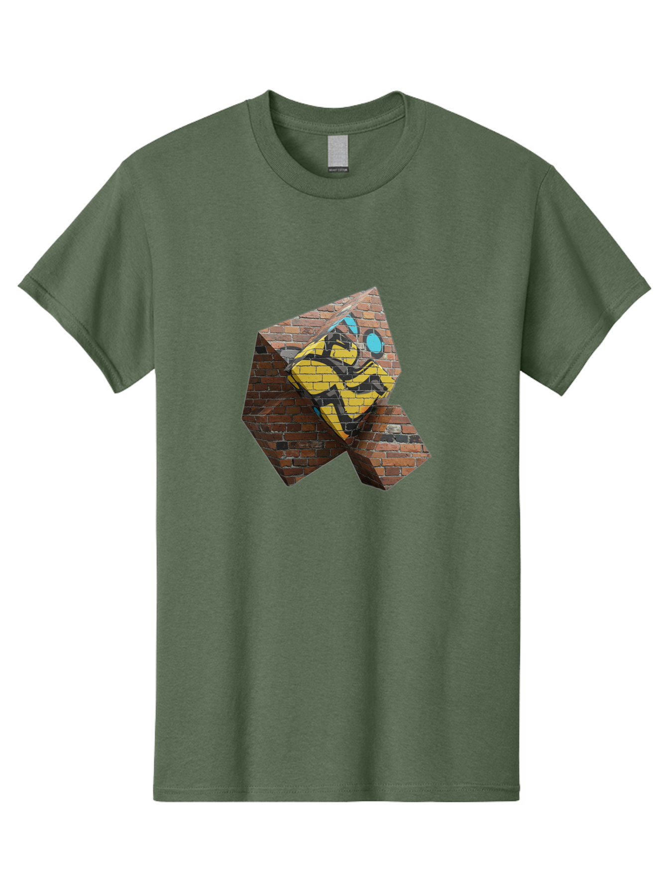 Graffiti-Peace-Sign Men'S Graphic Tee, 100% Cotton, Comfortable Casual Summer Wear, Machine Washable, Graffiti Art, Street Art, Urban Culture, Vandalism, Yellow And Black Colors, Abstract Design, Fragmented Brick Wall, 3D Effect, Bad165