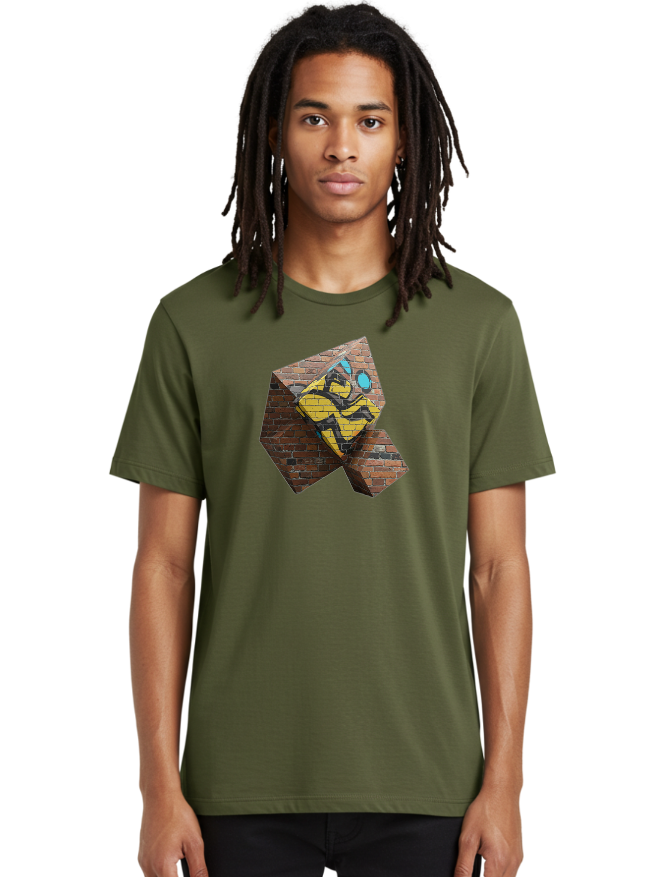 Graffiti-Peace-Sign Men'S Graphic Tee, 100% Cotton, Comfortable Casual Summer Wear, Machine Washable, Graffiti Art, Street Art, Urban Culture, Vandalism, Yellow And Black Colors, Abstract Design, Fragmented Brick Wall, 3D Effect, Bad165