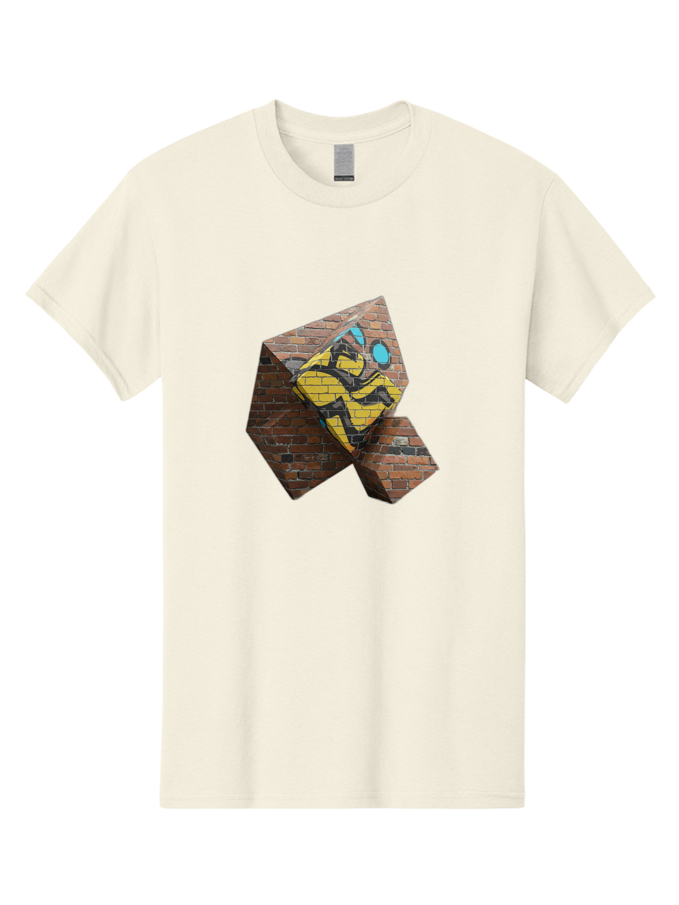 Graffiti-Peace-Sign Men'S Graphic Tee, 100% Cotton, Comfortable Casual Summer Wear, Machine Washable, Graffiti Art, Street Art, Urban Culture, Vandalism, Yellow And Black Colors, Abstract Design, Fragmented Brick Wall, 3D Effect, Bad165