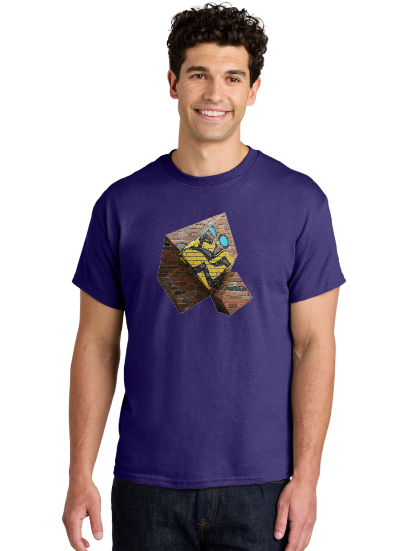 Graffiti-Peace-Sign Men'S Graphic Tee, 100% Cotton, Comfortable Casual Summer Wear, Machine Washable, Graffiti Art, Street Art, Urban Culture, Vandalism, Yellow And Black Colors, Abstract Design, Fragmented Brick Wall, 3D Effect, Bad165