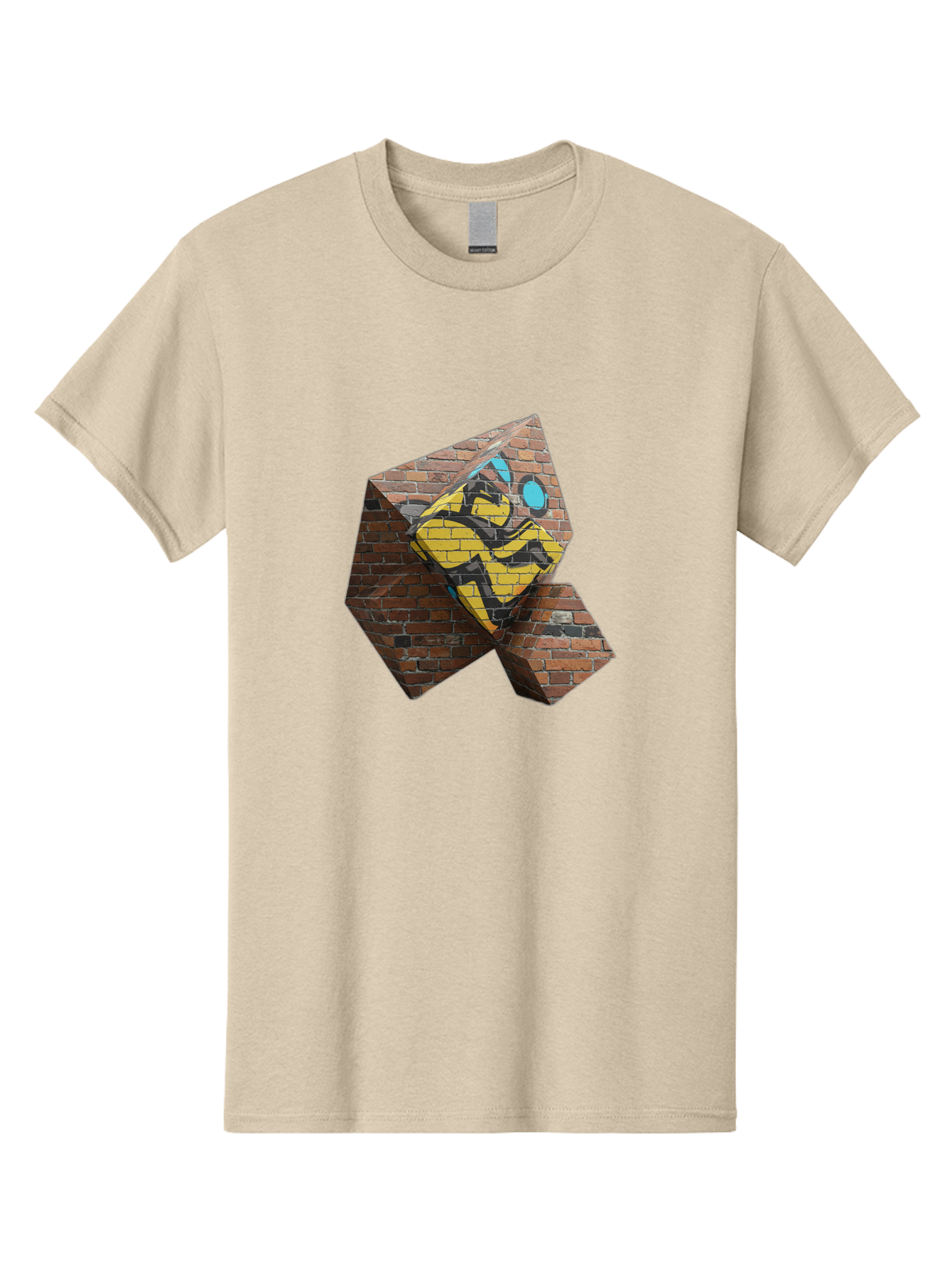 Graffiti-Peace-Sign Men'S Graphic Tee, 100% Cotton, Comfortable Casual Summer Wear, Machine Washable, Graffiti Art, Street Art, Urban Culture, Vandalism, Yellow And Black Colors, Abstract Design, Fragmented Brick Wall, 3D Effect, Bad165