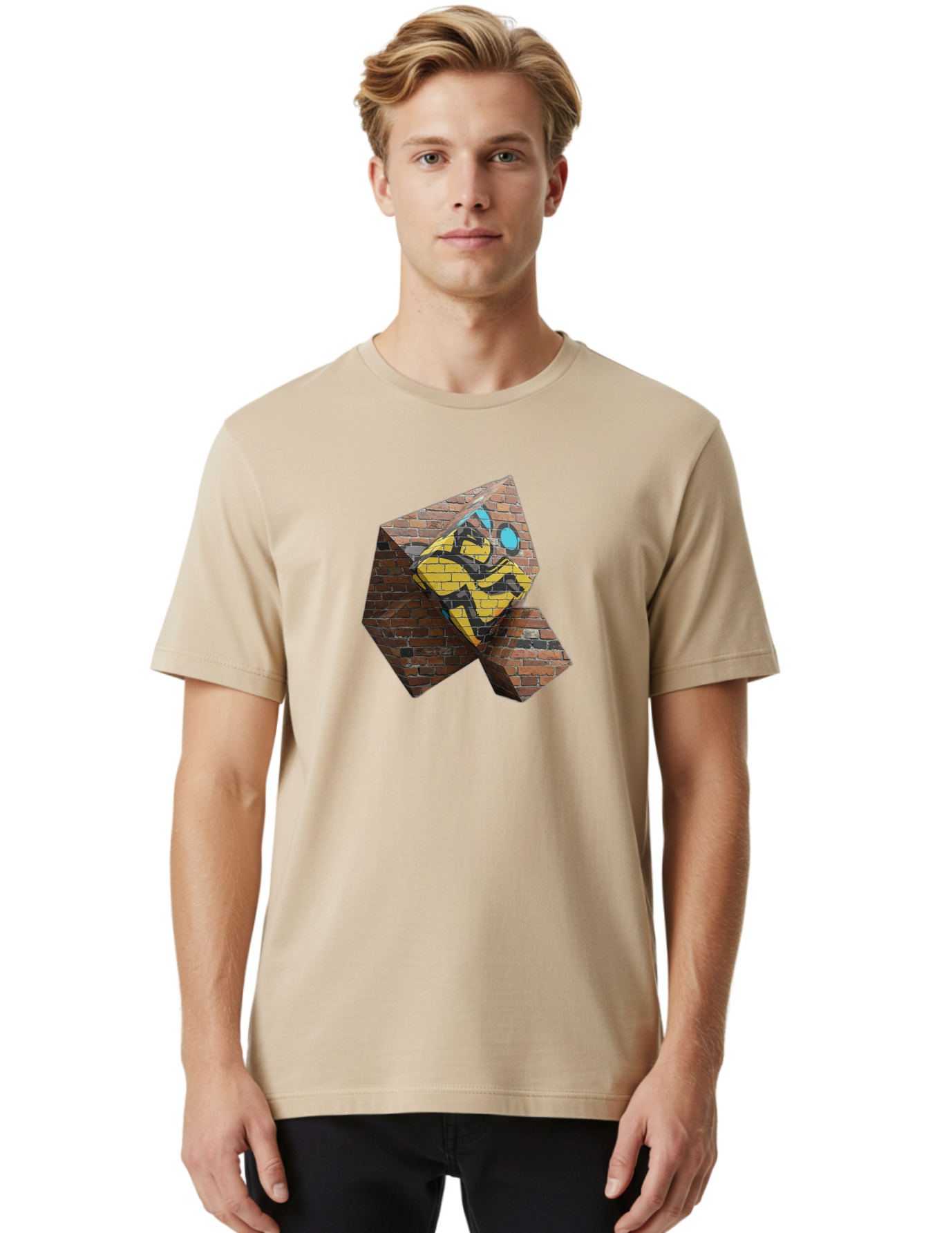 Graffiti-Peace-Sign Men'S Graphic Tee, 100% Cotton, Comfortable Casual Summer Wear, Machine Washable, Graffiti Art, Street Art, Urban Culture, Vandalism, Yellow And Black Colors, Abstract Design, Fragmented Brick Wall, 3D Effect, Bad165