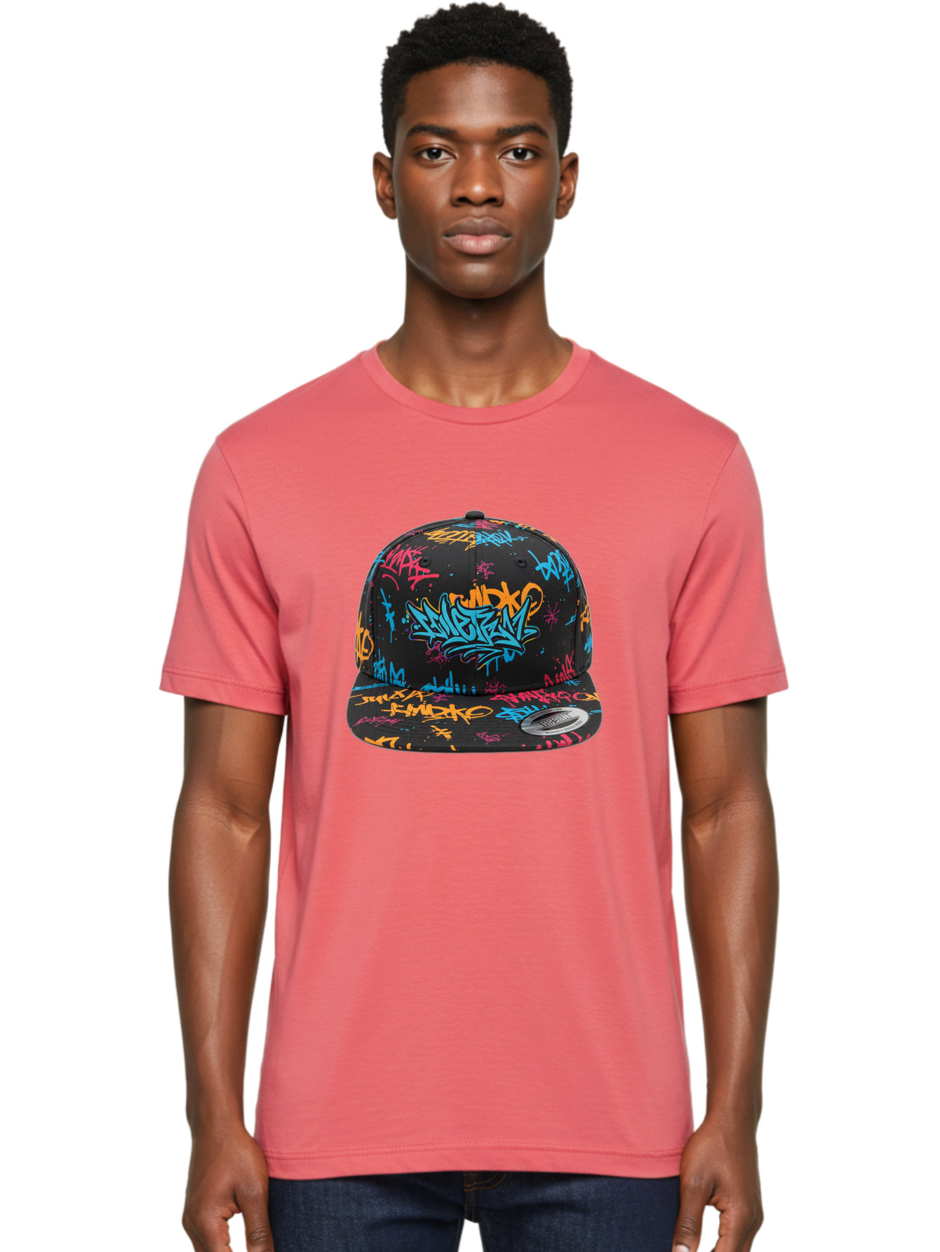 Graffiti-Snapback Men'S Graphic Tee, 100% Cotton, Comfortable Casual Summer Wear, Machine Washable, Graffiti Cap, Urban Style, Streetwear Fashion, Black Baseball Cap, Colorful Graffiti, Bold Design, Trendy Accessory, New Era Cap, Custom Hat, Bad166