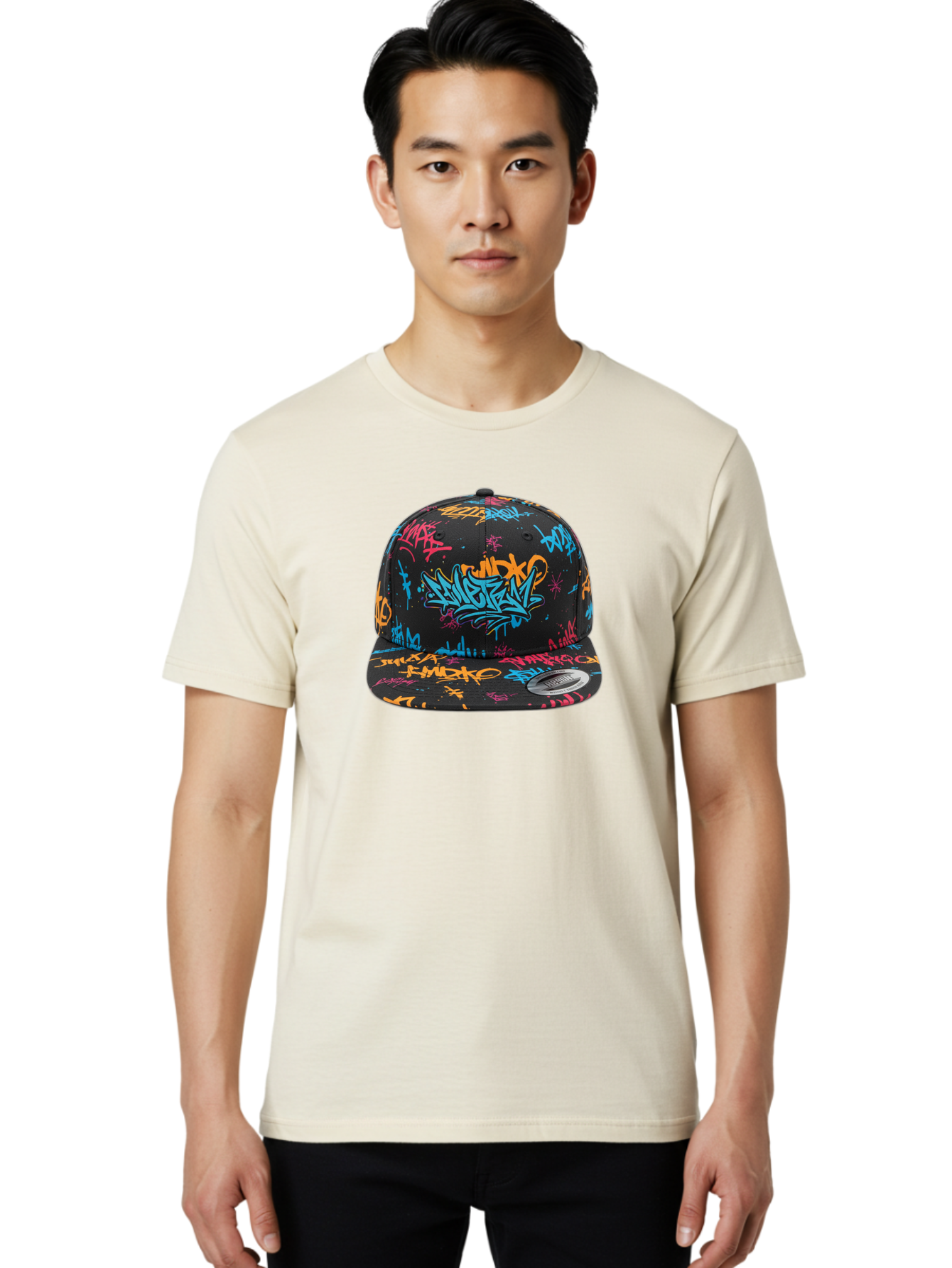 Graffiti-Snapback Men'S Graphic Tee, 100% Cotton, Comfortable Casual Summer Wear, Machine Washable, Graffiti Cap, Urban Style, Streetwear Fashion, Black Baseball Cap, Colorful Graffiti, Bold Design, Trendy Accessory, New Era Cap, Custom Hat, Bad166