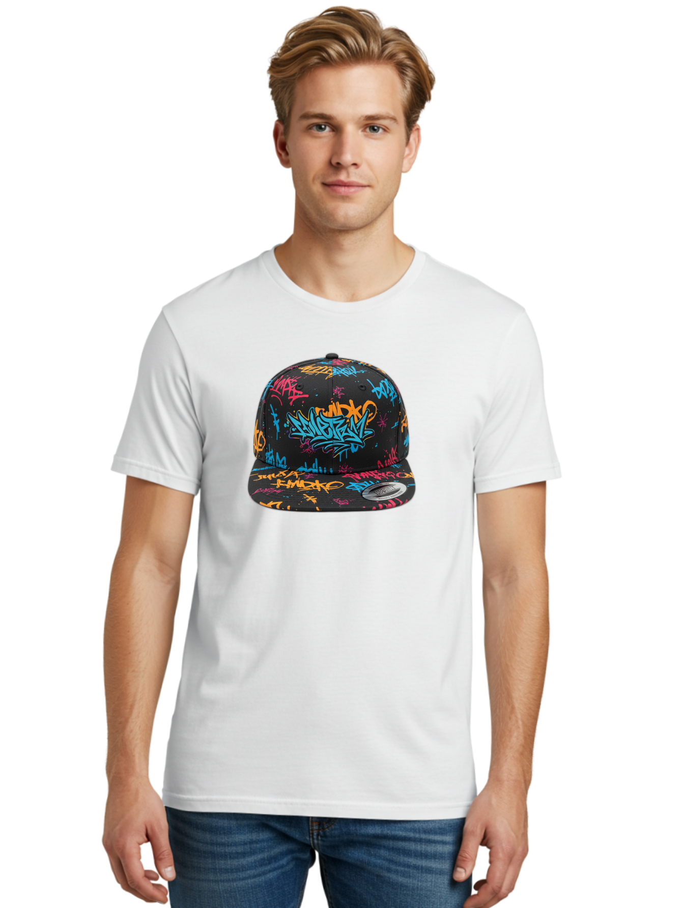 Graffiti-Snapback Men'S Graphic Tee, 100% Cotton, Comfortable Casual Summer Wear, Machine Washable, Graffiti Cap, Urban Style, Streetwear Fashion, Black Baseball Cap, Colorful Graffiti, Bold Design, Trendy Accessory, New Era Cap, Custom Hat, Bad166