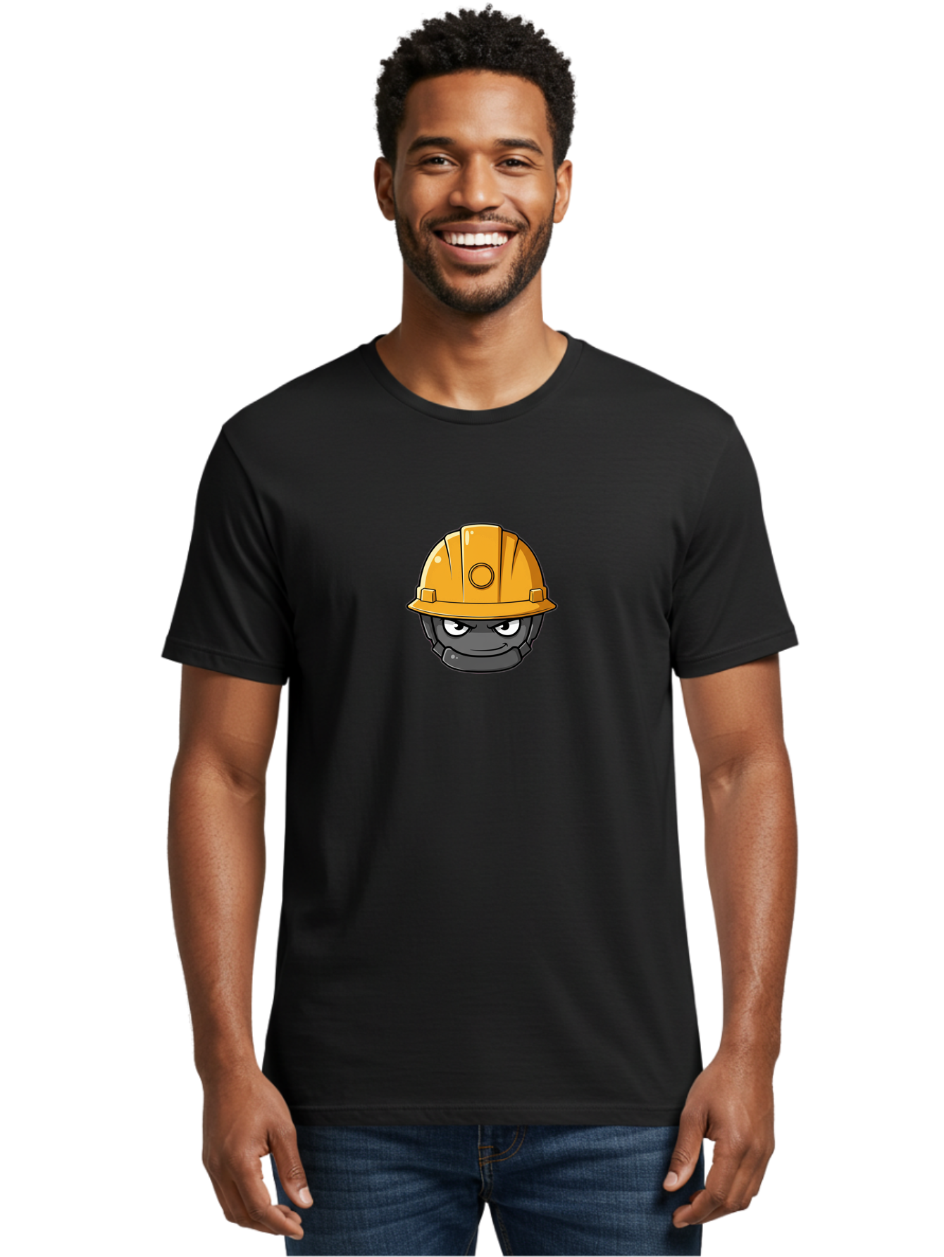 Gray-Character-In-Orange-Hard-Hat Men'S Graphic Tee, 100% Cotton, Comfortable Casual Summer Wear, Machine Washable, Construction Worker, Hard Hat, Yellow Helmet, Menacing Face, Construction Site, Laborer, Worker, Industry, Safety Gear, Bad168