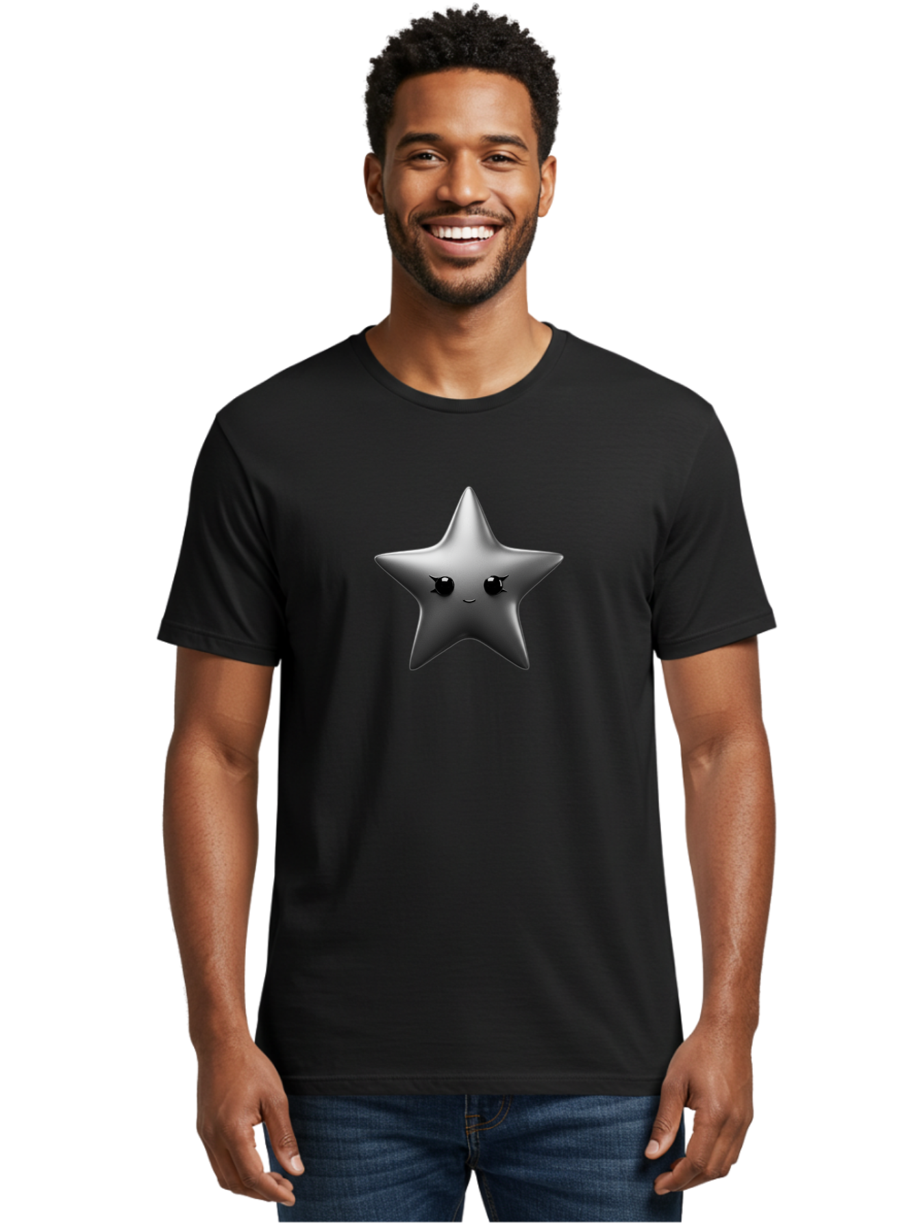 Grey-Star Men'S Graphic Tee, 100% Cotton, Comfortable Casual Summer Wear, Machine Washable, Cartoon Star, Silver Star, Cute Star, Feminine Face, Shiny, Glossy, Adorable, Charming, Whimsical, Fantasy Bad169